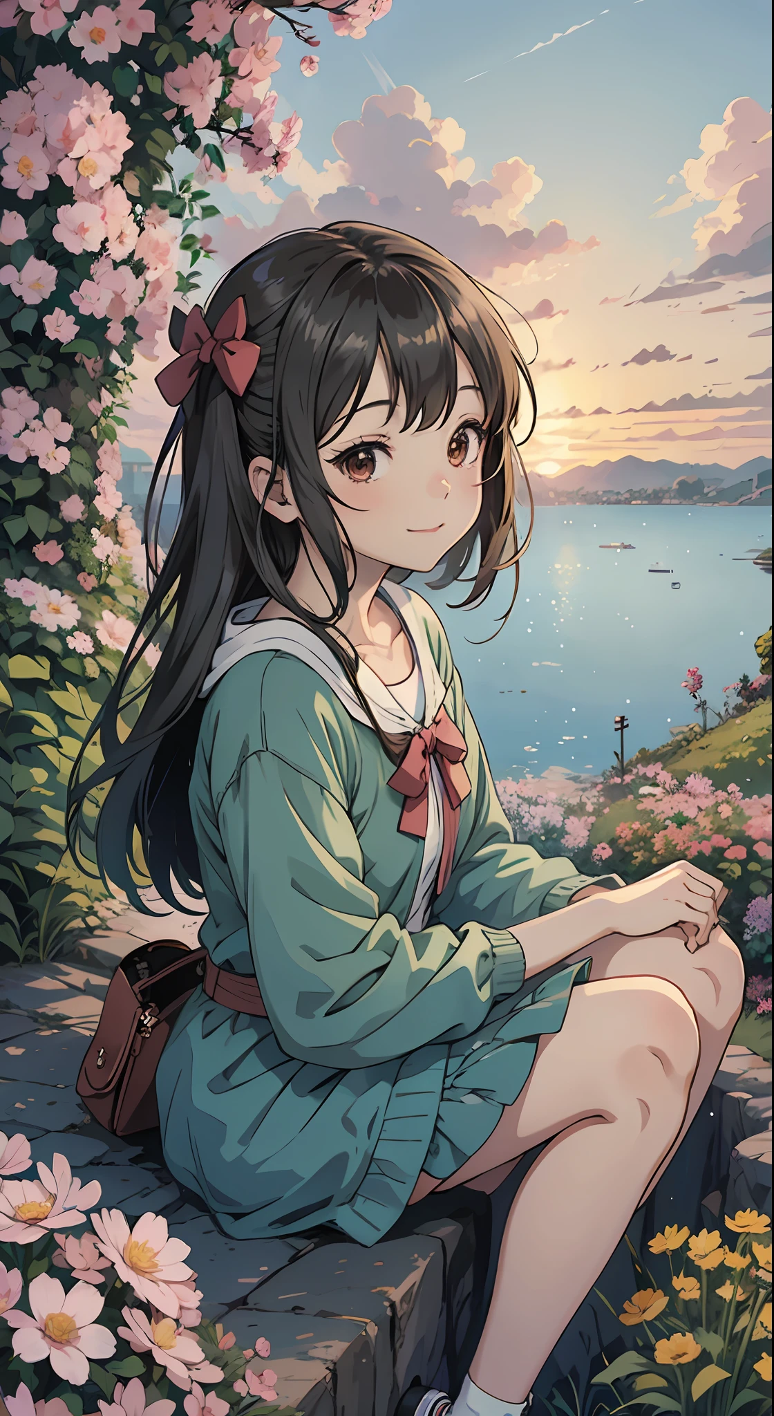 16 years old, anime girl sitting on a cliff looking at the sea, (boat in the distance), (dog), (flower garden), anime vision of cute girl, portrait of cute anime girl, cute detailed digital art, anime style portrait, beautiful anime portrait, digital anime illustration, cute anime girl, detailed portrait of anime girl, anime style illustration, kawaii realistic portrait, cute anime girl portrait, detailed fan art, young anime girl, detailed digital anime art, brunette hair, hair bow, smile, Horizontally shot, similar to the color of Ghibli, UHD