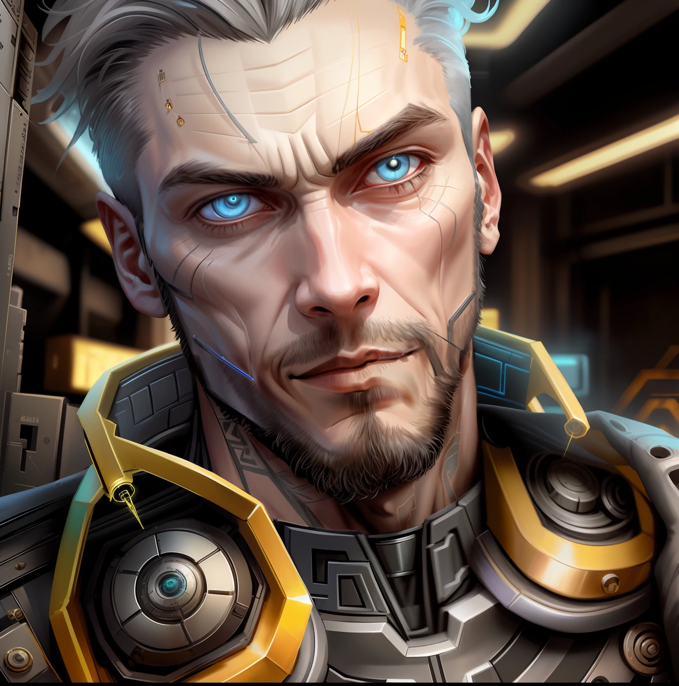 A cybernetic man in the range of 27 years old, muscular stereotype, with cowboy hat (mechanical parts: 1.5), fighting, bright eyes, short hair, tight supersuit torn, in a destroyed city, smoke and fire, aura of brilliant power, dynamic pose, dynamic vision, hyper detailed, 8k quality, with tattoo on the arm, mechanical roman watch on the chest, merge images,  hyper realism. Enjoy original photo base, mechanical and human bust. With gray goatee and gray hair.