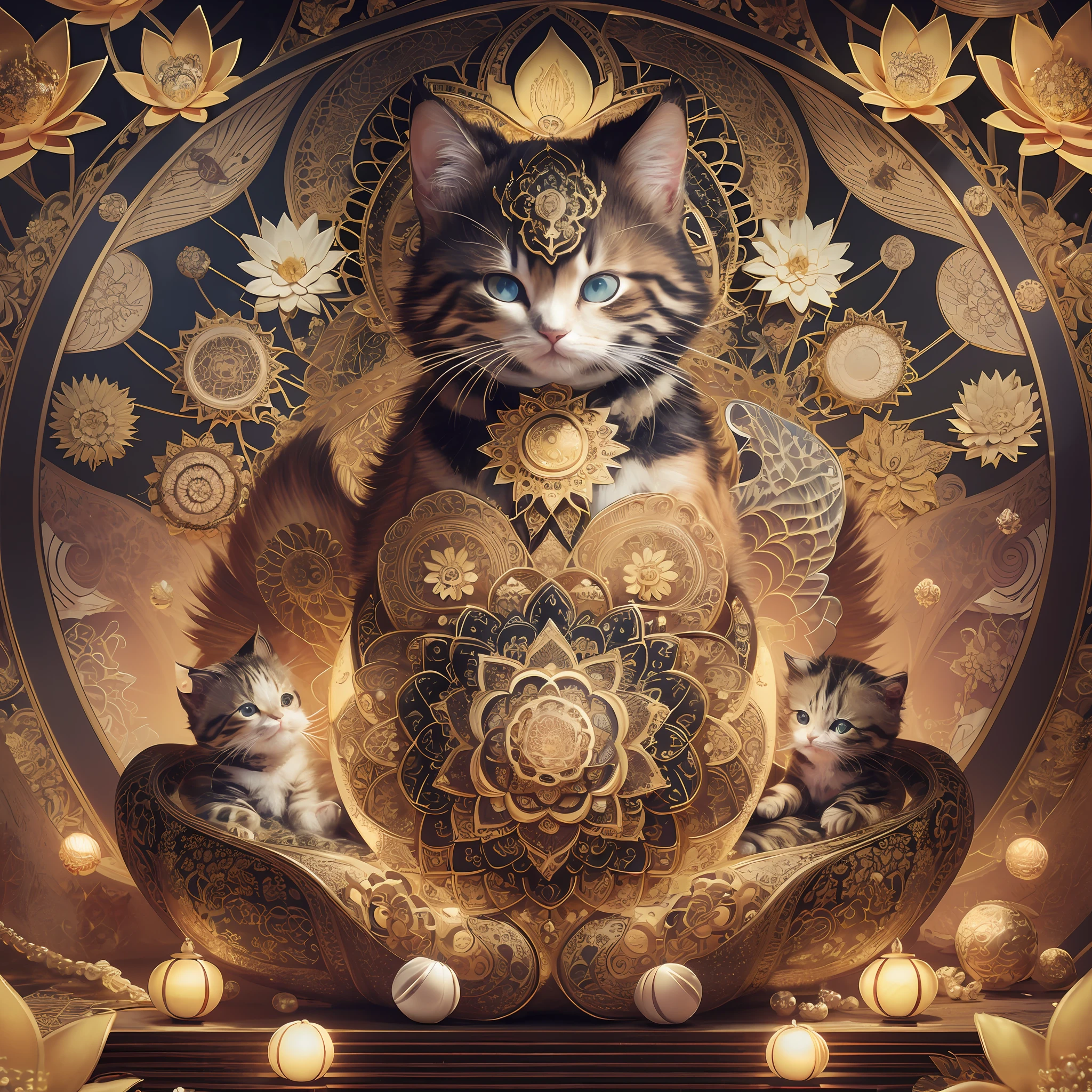 Masterpiece, highest quality, extremely detailed, 8k, fractal art, very beautiful and cute kitten, decoration of gold, diamonds, pearls, etc., one big lotus flower, zazen, meditation, divinity, summer, drops, linden, nirvana, kamisen water-like, mandala pattern, reincarnation, complex and gorgeous background, --auto --s2
