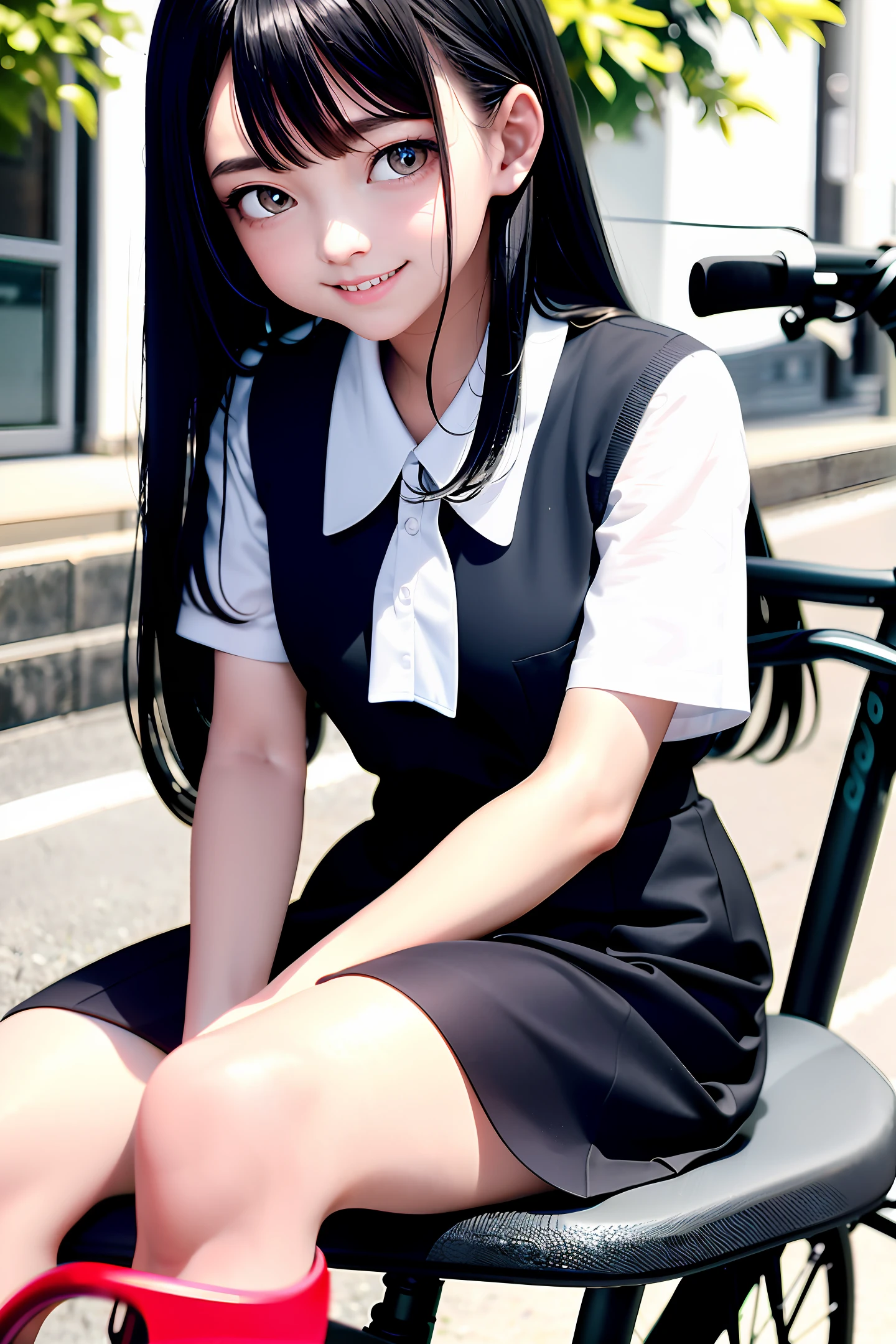 a 18 years old girl sitting at th bicycle, dressed black and white school uniform, cute face, white skin, happy expression on face, long hair, details face, details hair, 1 girl, 8k resolution, best color graded,color grading,editorial photography,best instagram contest.