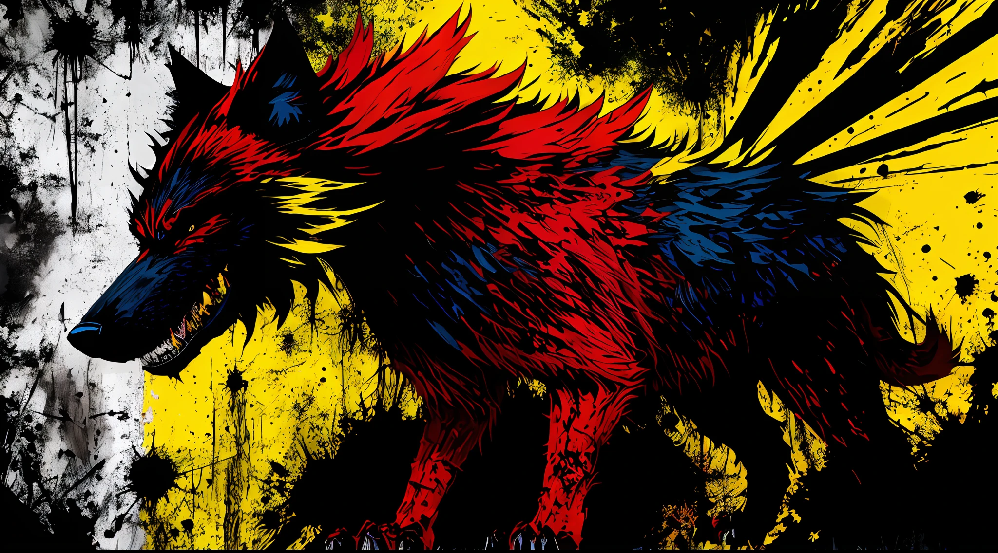 red, yellow and black, a monstrous wolf, in the style of Mork Borg, strong contrast, grunge dirty punk splash art, zine black metal, forest color splash background