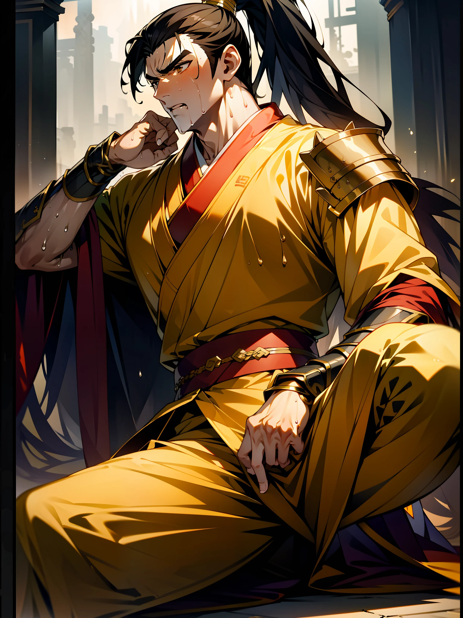 1 male, sweating, open mouth, drooling, wet, wet, sweaty pectorals, sweaty abs, sweaty crotch, golden costume Hanfu, dragon robe, handsome face, highest image quality, dark skin, high ponytail long hair, detail Hanfu, wearing arm guards, armor, leg guards (leg nails), leggings, ancient boots (ancient Chinese military boots), appearance looks like a general, squat, split legs squat, half squat, holding a sword, sweating crotch, crotch shape, crotch sweating, long legs, leg contour, thigh close-up, calf close-up, perfect legs