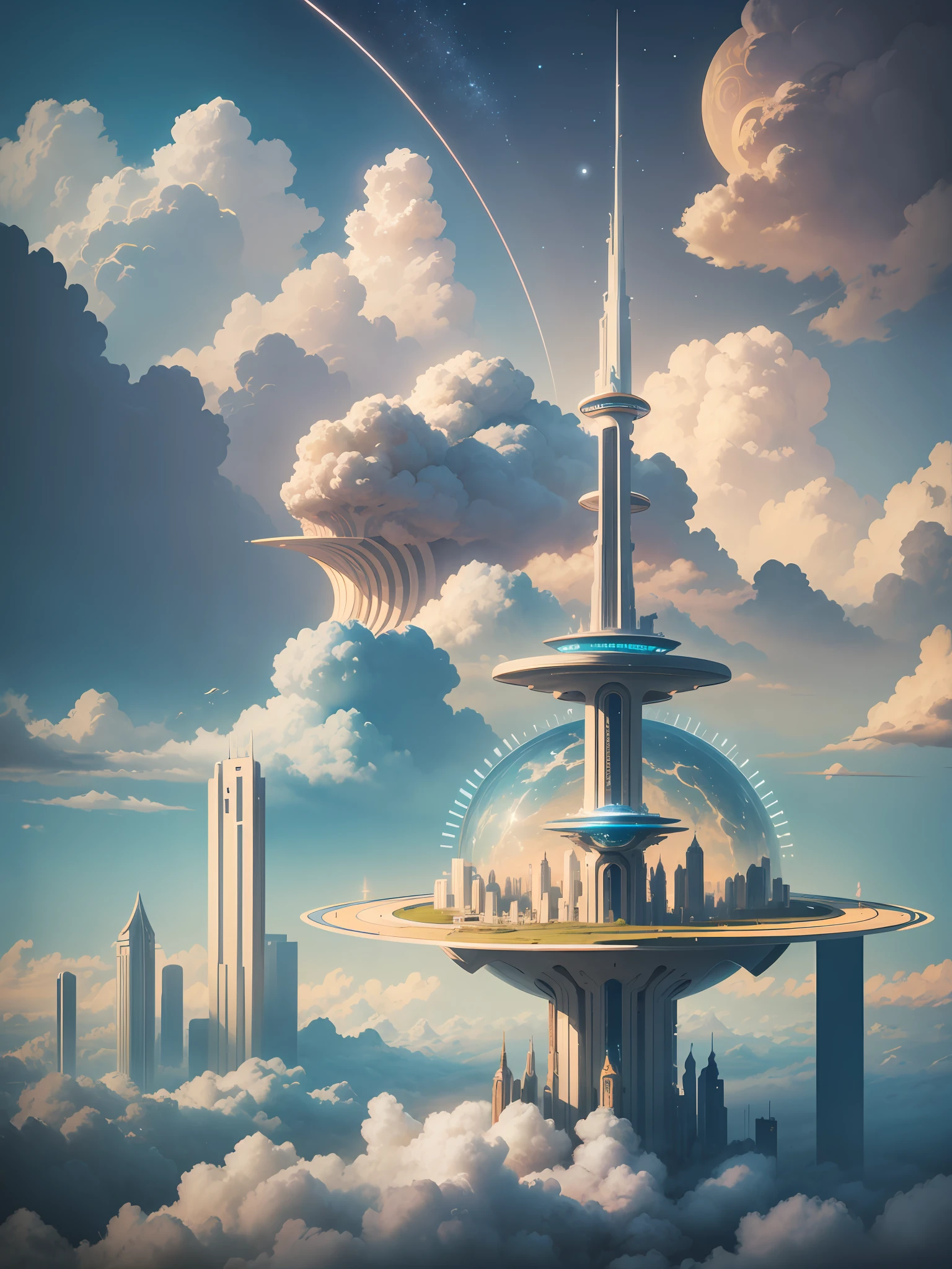 Title: A Utopian Metropolis in the Clouds
Keywords: 
Majestic,
Awe-inspiring,
Futuristic,
Whimsical,
Celestial 

Description: This collection envisions a utopian sky city floating amidst the clouds. Featuring sweeping vistas, towering skyscrapers, and celestial dreamscapes, each piece paints a vision of an idyllic metropolis high above Earth. With an art style that combines futurism and whimsy, this series aims to capture the grandeur and wonder of an imaginary world suspended in the heavens. A city of boundless optimism, freedom and imagination --auto --s2