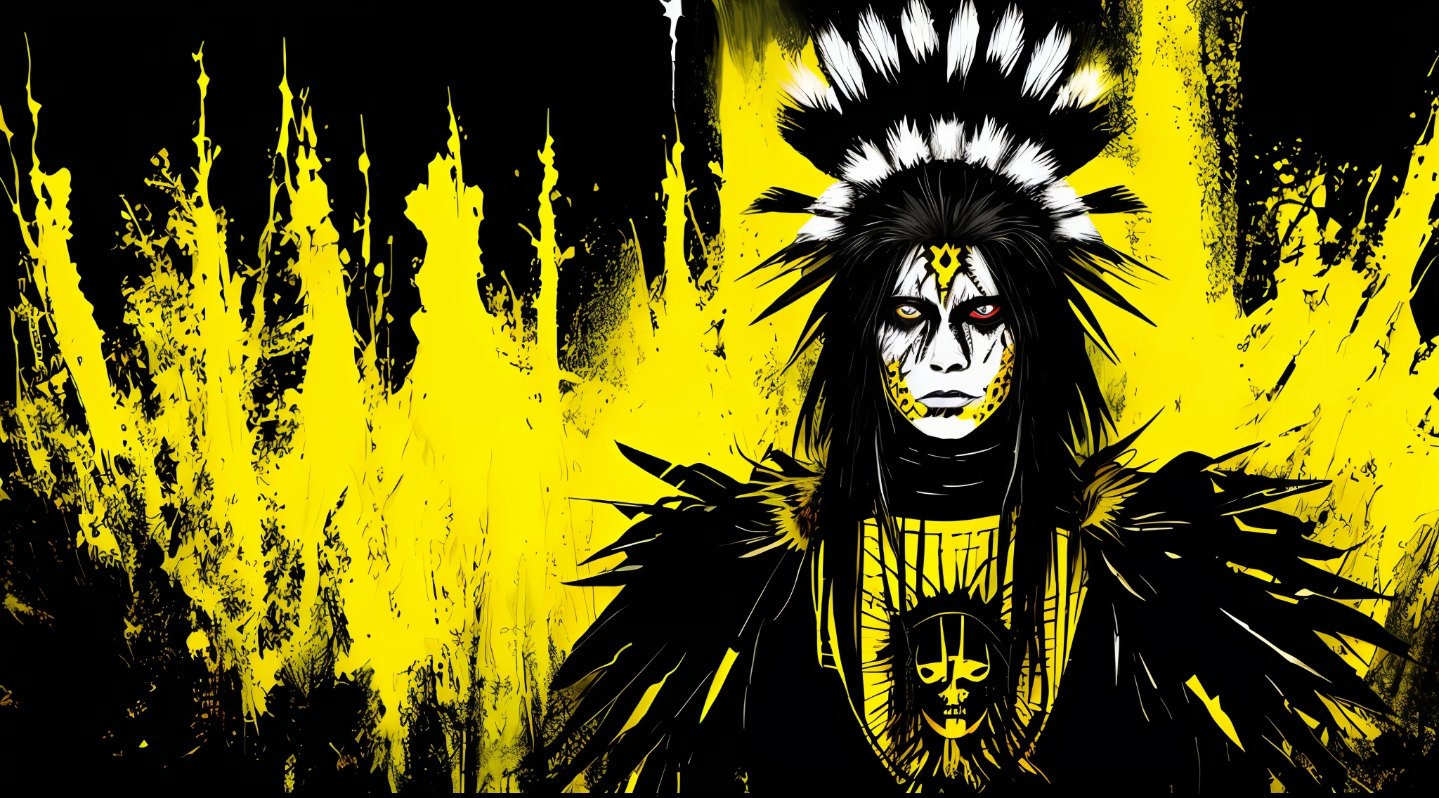 yellow and black, an indigenous warrior of the forest, in the style of Mork Borg, strong contrast, grunge dirty punk splash art, zine black metal, forest color splash background