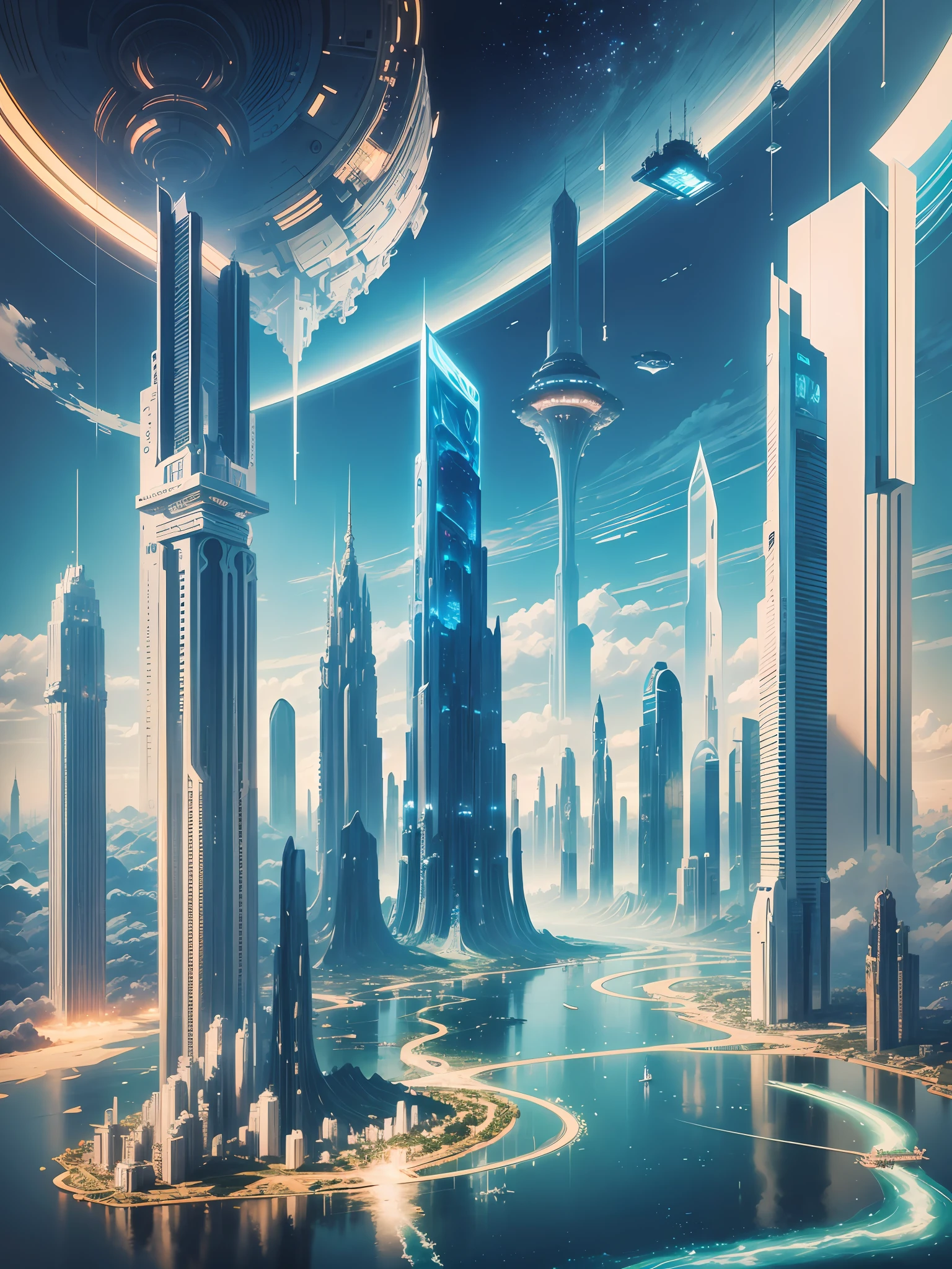 Title: A Utopian Metropolis in the Clouds
Keywords: 
Majestic,
Awe-inspiring,
Futuristic,
Whimsical,
Celestial 

Description: This collection envisions a utopian sky city floating amidst the clouds. Featuring sweeping vistas, towering skyscrapers, and celestial dreamscapes, each piece paints a vision of an idyllic metropolis high above Earth. With an art style that combines futurism and whimsy, this series aims to capture the grandeur and wonder of an imaginary world suspended in the heavens. A city of boundless optimism, freedom and imagination --auto --s2