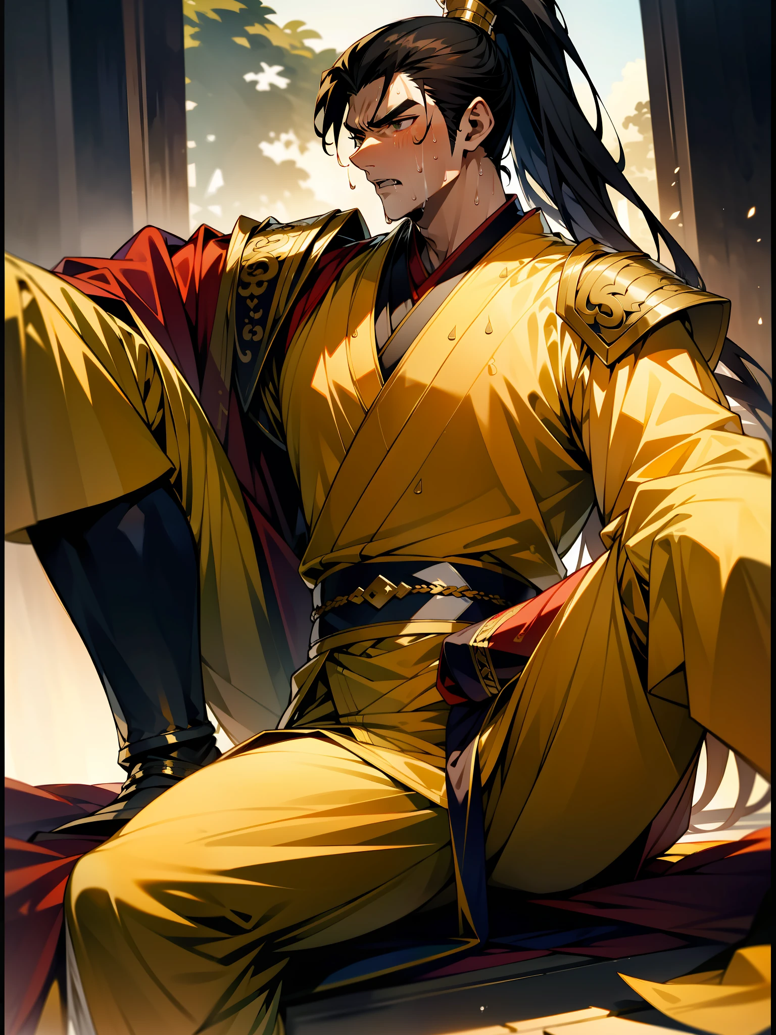 1 male, sweating, open mouth, drooling, wet, wet, sweaty pectorals, sweaty abs, sweaty crotch, golden costume Hanfu, dragon robe, handsome face, highest image quality, dark skin, high ponytail long hair, detail Hanfu, wearing arm guards, armor, leg guards (leg nails), leggings, ancient boots (ancient Chinese military boots), appearance looks like a general, squat, split legs squat, half squat, holding a sword, sweating crotch, crotch shape, crotch sweating, long legs, leg contour, thigh close-up, calf close-up, perfect legs