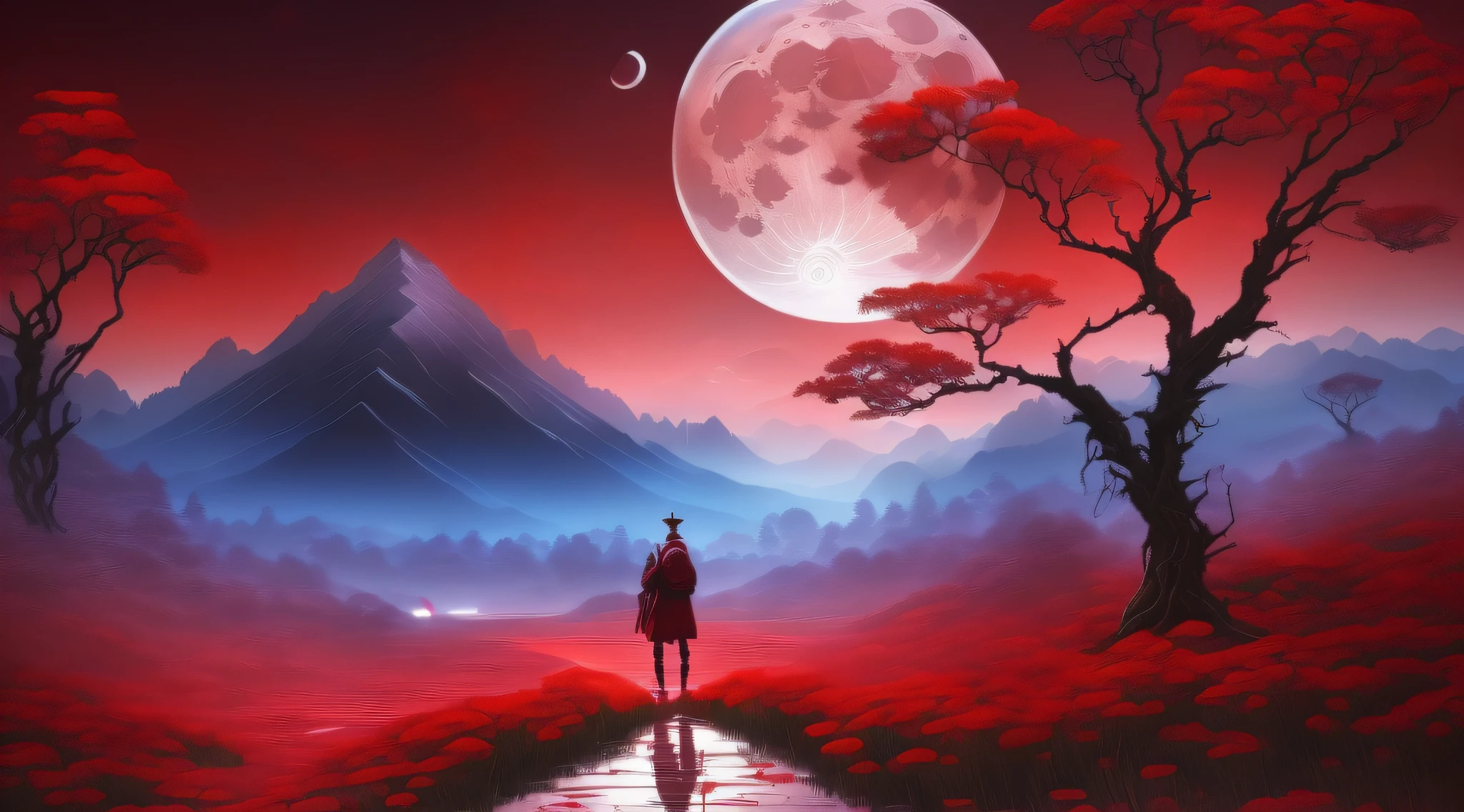 (masterpiece, best quality:1.4), cinematic light, colorful, high contrast, mountain, grass, tree, night, (horror (theme):1.2), (mon(masterpiece, best quality:1.4), (captivating digital art), cinematic lighting, colorful, high contrast, eerie mountain landscape, lush grass, twisted trees, night scene, (horror theme:1.2), (menacing monster:1.2) lurking in shadows, dark atmosphere, blood rain pouring down, blood-red river flowing, haunting blood moon in the sky, chilling and intense visual experiencester:1.2), dark, blood rain, blood river, blood moon