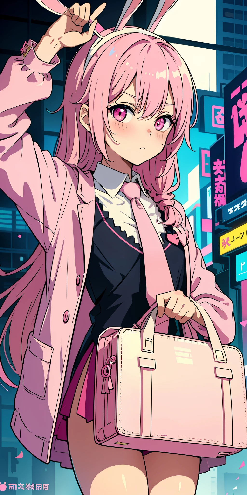 Anime girl with pink hair and bunny ears in pink tie, pink eyes, shy blush, pretty, small satchel, cyberpunk