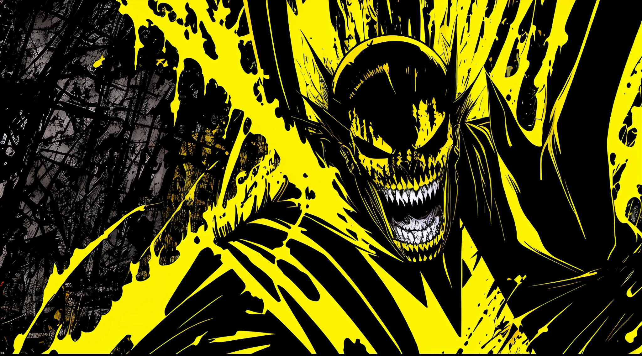 yellow and black, a monstrous vampire, in the style of Mork Borg, strong contrast, grunge dirty punk splash art, zine black metal, color splash background