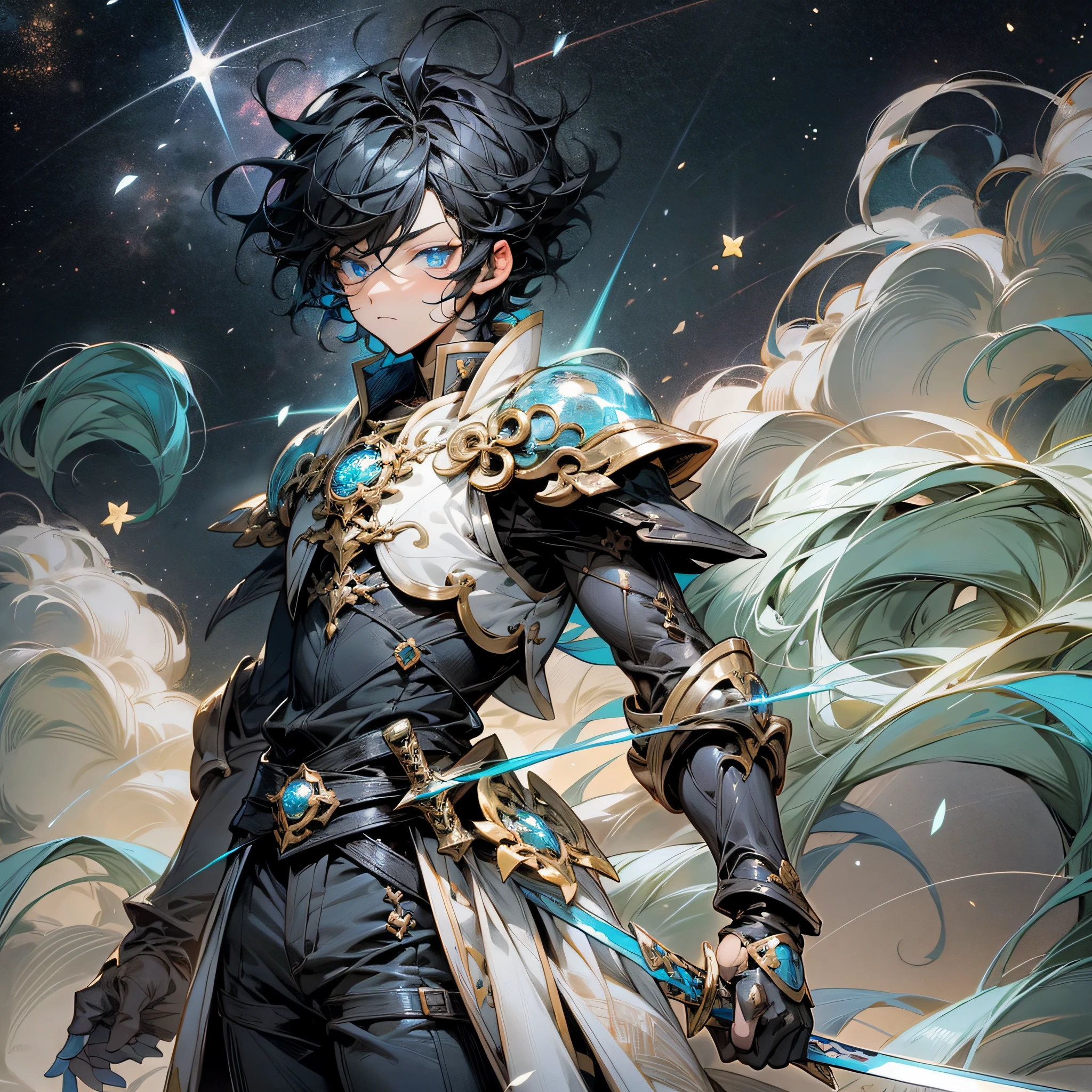a young men with a sword with a light blue aura, he wears flashy armor, he has exquisite blue eyes, behind is the night also with twinkling stars, anime art wallpaper 4 k, space clouds, anime sky, Magical transparent eyes, The perfect masterpiece, colorful illustration, anime boy, black hair, black hair, short hair, cinematic lighting, anime style, UHD, chinese anime art boy face, small head, cool --auto --s2