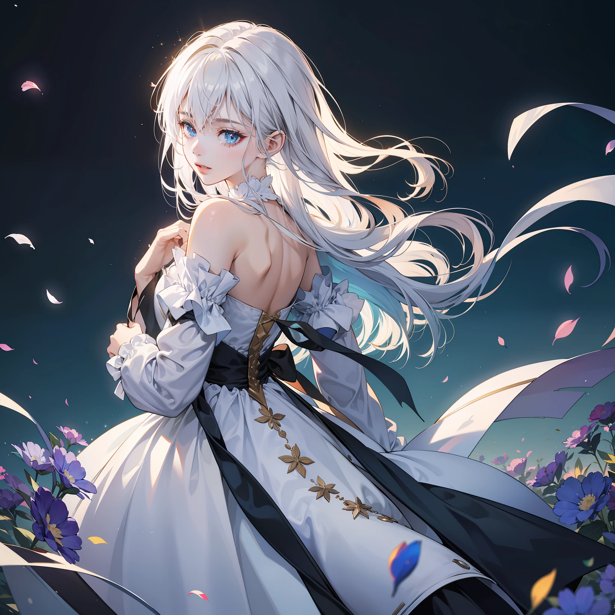 (8k, RAW photos, top quality, masterpiece: 1.2), ultra high resolution, highly detailed CG Unity 8k wallpaper, physically based rendering, movie lighting, vampires, ((((1 girl)))), masterpiece, top quality, official art, very delicate and beautiful, super high resolution, blue petals, kaleidoscope, illuminated by lights, turn around and look at the camera, fantastic, torn dress, so long hair, wind, White hair, glitter