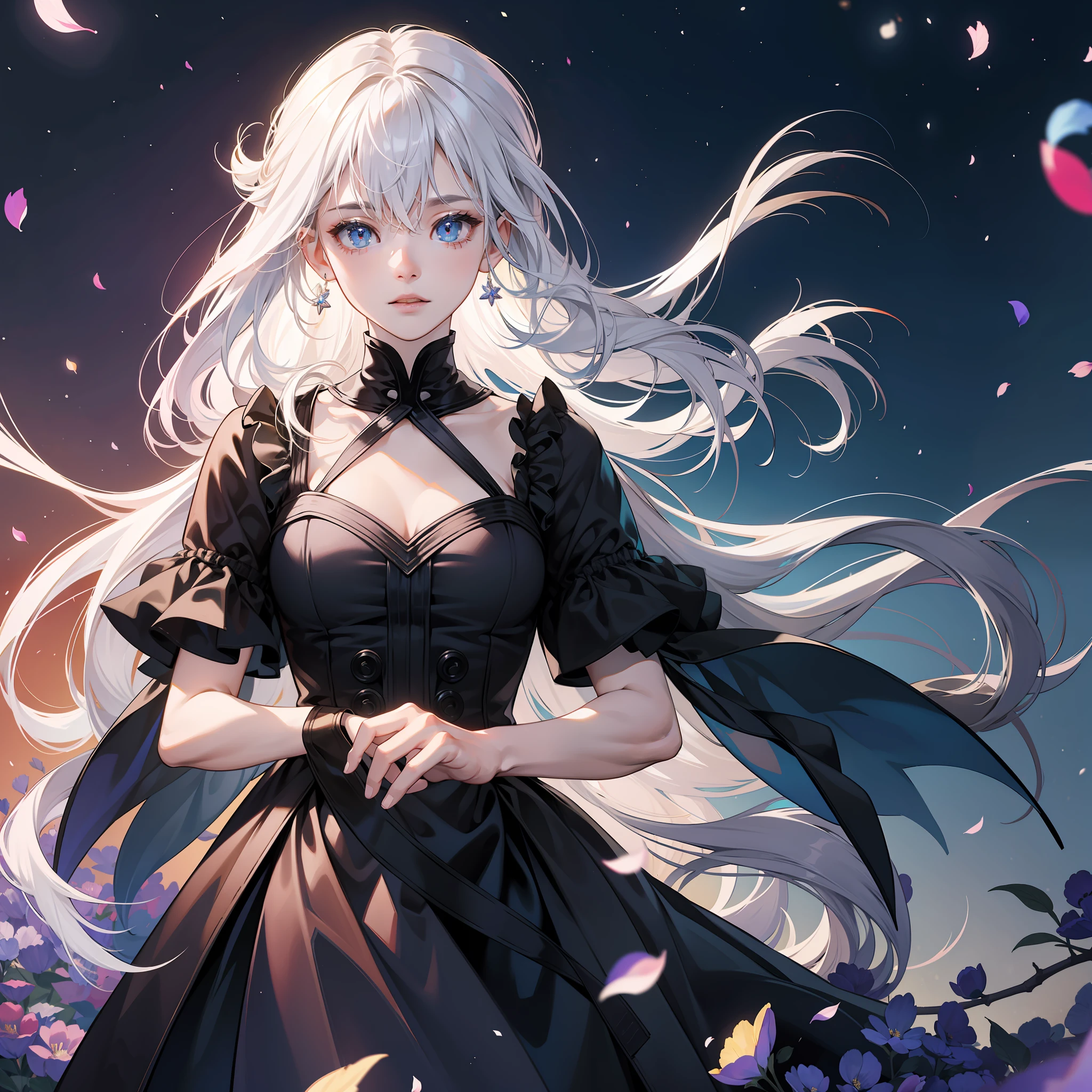 (8k, RAW photos, top quality, masterpiece: 1.2), ultra high resolution, highly detailed CG Unity 8k wallpaper, physically based rendering, movie lighting, vampires, ((((1 girl)))), masterpiece, top quality, official art, very delicate and beautiful, super high resolution, blue petals, kaleidoscope, illuminated by lights, turn around and look at the camera, fantastic, torn dress, so long hair, wind, White hair, glitter