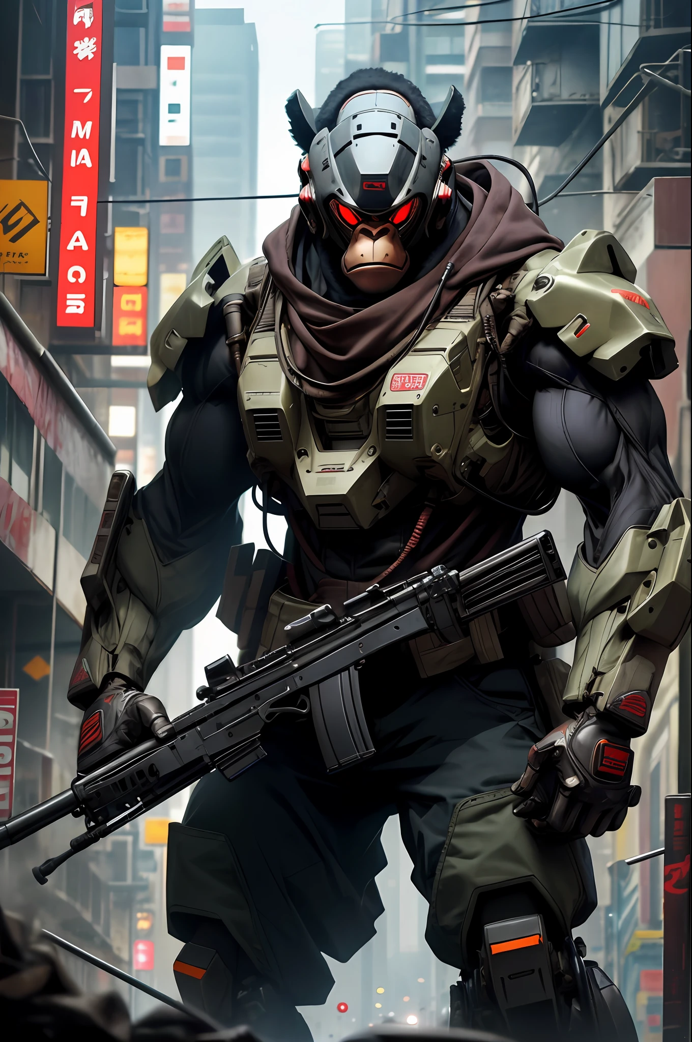 masterpiece, best quality, realistic , mecha monkey, mecha gorilla, mecha helmet,blur, book, cable, cyberpunk metropolis, gloves, infrared sleeve with automatic rifle in hand, hood, solo,