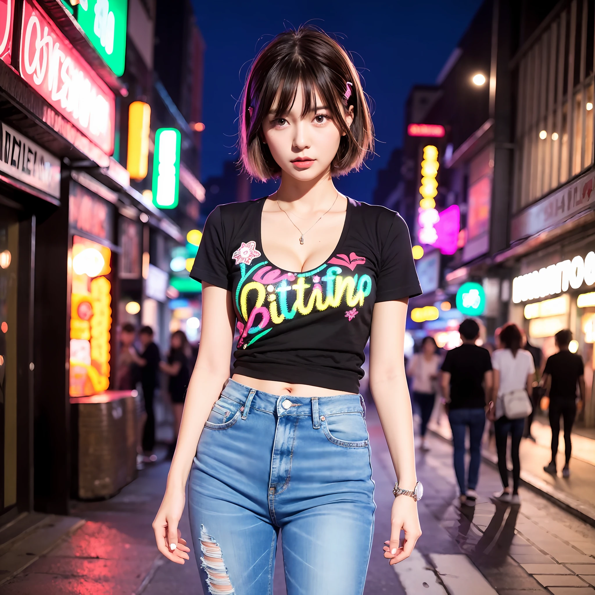 1girl, Solo, Best Quality, Cute Japan Woman Pictures, 18 years old, Japan Woman, Gal, Idol, (Gal Makeup),(Heavy Makeup) Short Haircut, (Black and Blonde hair)),Slender, Big bust, (tanned skin), Cool gaze, Cleavage,Colorful T-shirt,Short Denim Pants, Bustling city at night, Brown eyes, Strong mind,casual look, trendy accessories, camera facing, urban background, neon lights, vivacious personality,full body shot、relaxed posture、standing outdoors,nightlife scene、energetic。