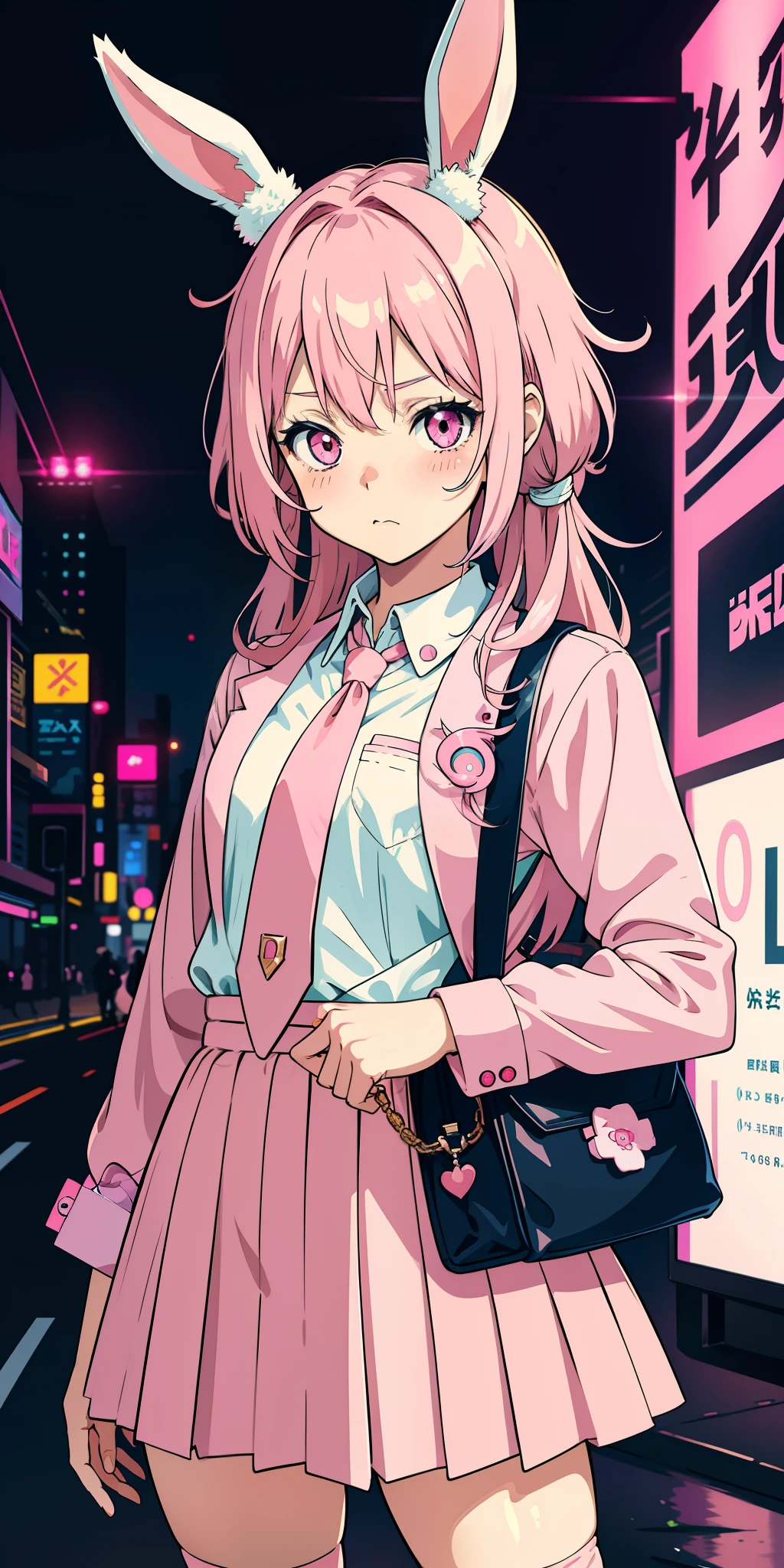 Anime girl with pink hair and bunny ears in pink tie, pink eyes, shy blush, pretty, small satchel, cyberpunk