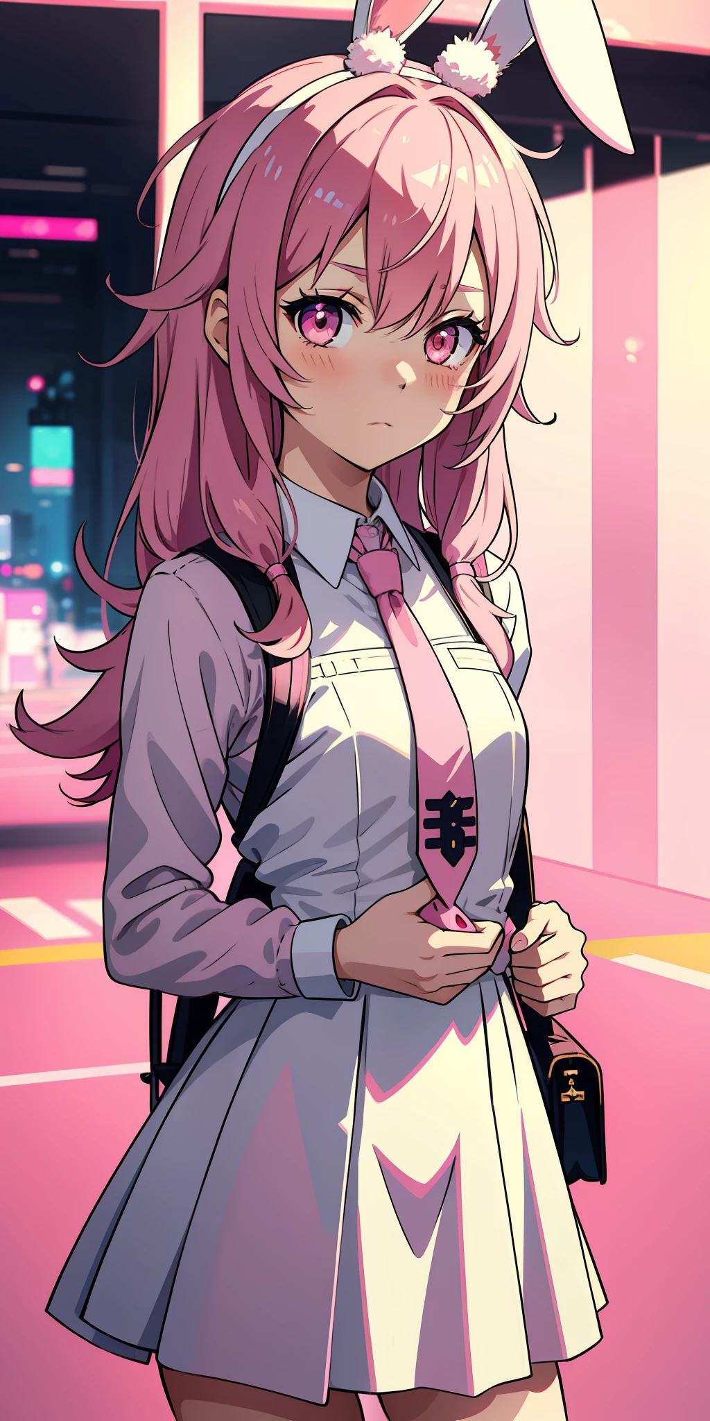 Anime girl with pink hair and bunny ears in pink tie, pink eyes, shy blush, pretty, small satchel, cyberpunk