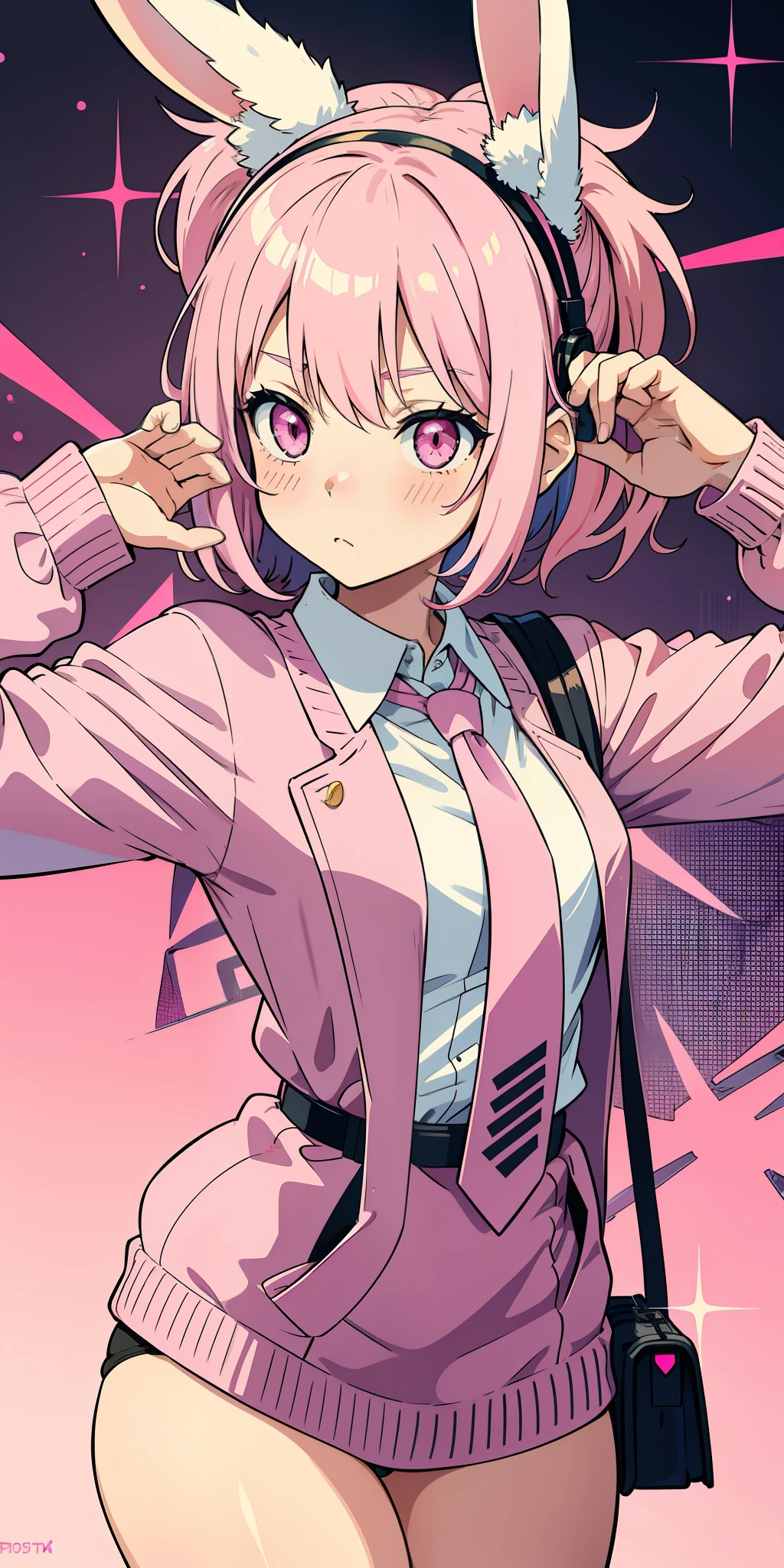 Anime girl with pink hair and bunny ears in pink tie, pink eyes, shy blush, pretty, small satchel, cyberpunk