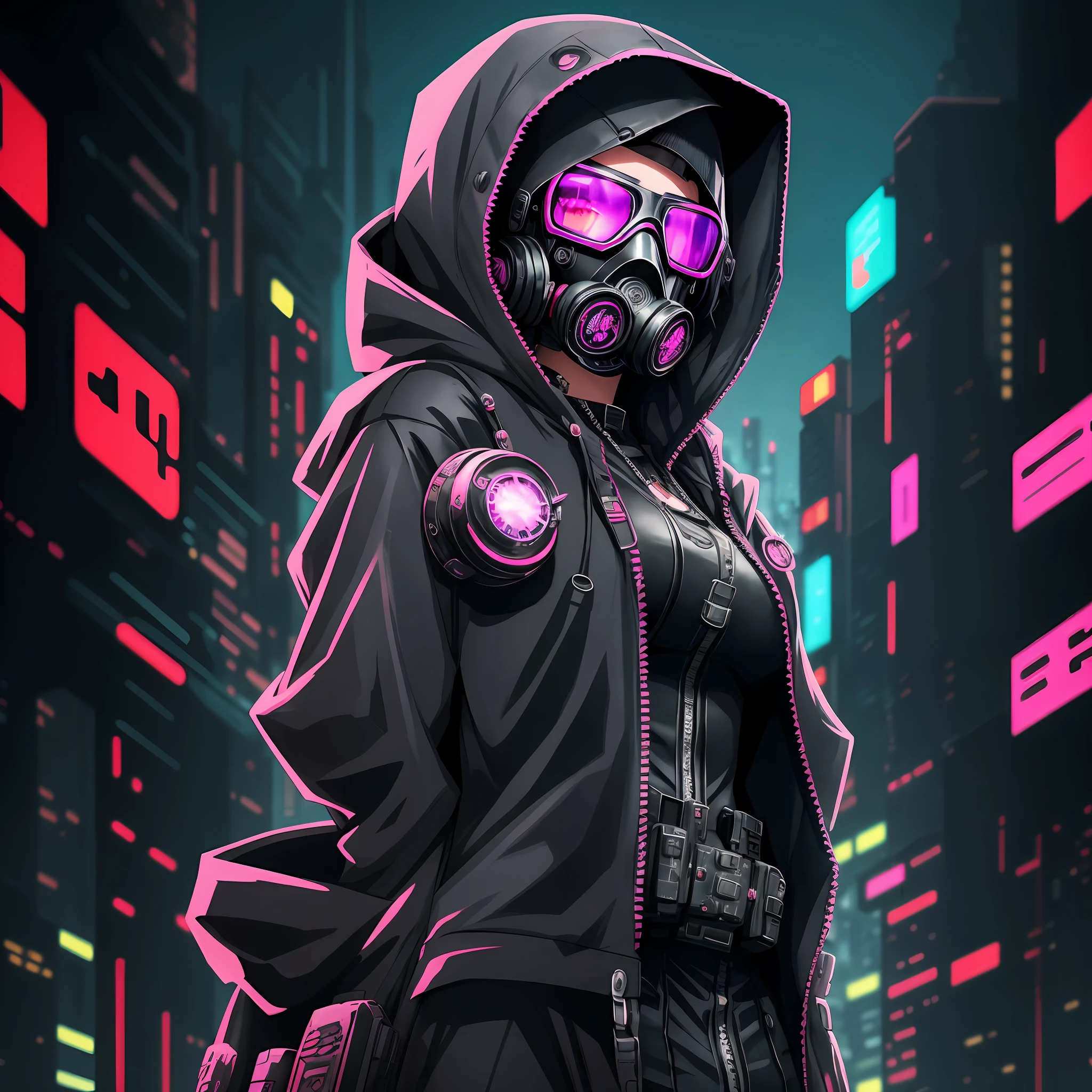 anime character with gas mask and glasses in a futuristic city, digital cyberpunk art, female cyberpunk girl, hooded cyberpunk art, cyberpunk theme art, cyberpunk art style, digital cyberpunk art, beautiful cyberpunk girl face, cyberpunk anime girl mech, dark cyberpunk illustration, wearing a cyberpunk monocle --auto --s2