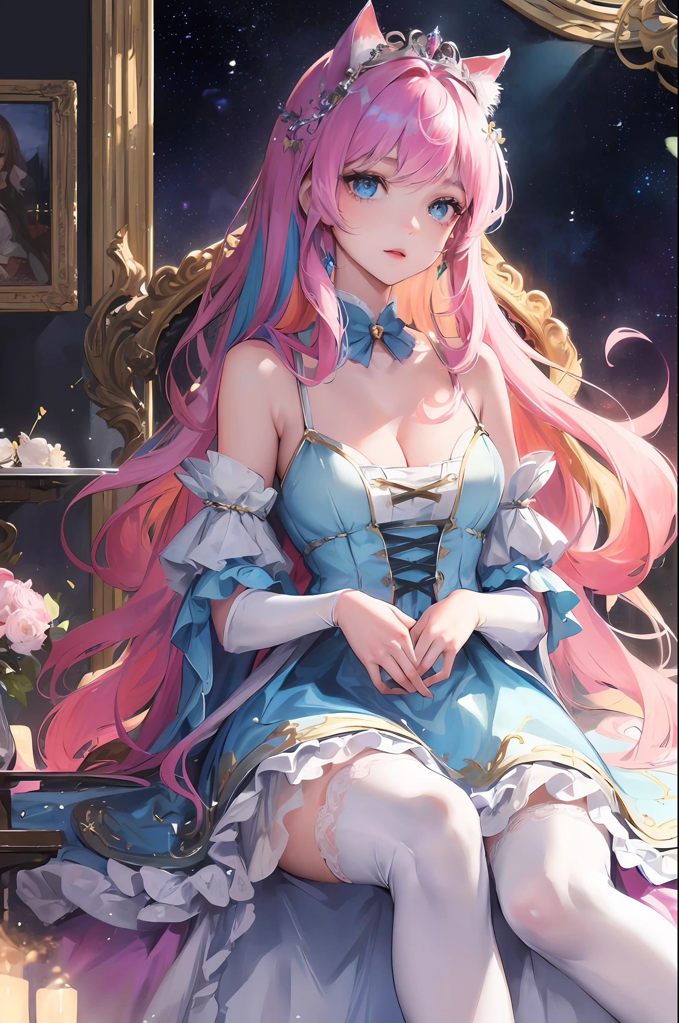 Official fine art, masterpieces, sharp focus, (Beautiful Gorgeous Cute Pretty Girl 1.3), Anime Pretty Girl, Delicate Beautiful Multicolored Hair, Delicate Beautiful Eyes and Face, Wearing Cat Ears and Crown on Her Head, (Wearing a Princess Dress and White Stockings), (Proud Expression 1.1), (Sitting on the Throne), Realistic, Ultra-detailed, Pretty Girl, Glowing White Particles, (Sidelighting: 1.2), Slender, Long Straight Hair, Dynamic Hair, Long Straight Hair, Glowing Blue Eyes, Hair Ornaments, Epic Landscapes,