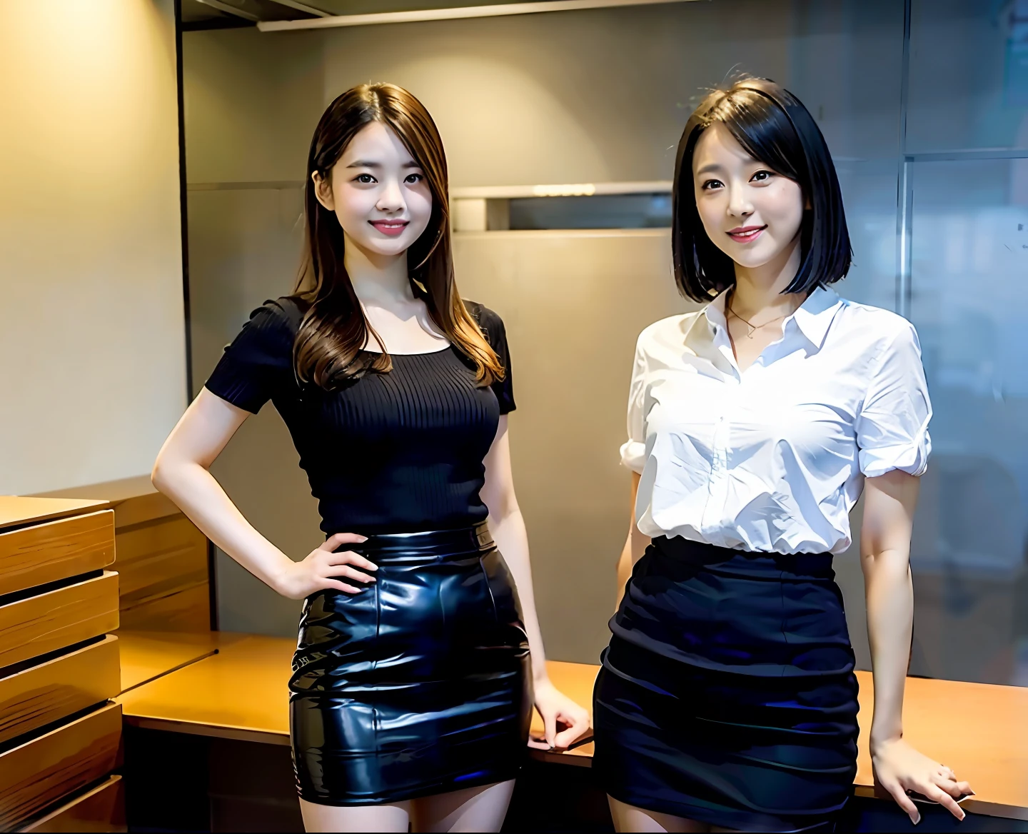 2 Japan beauties, tight skirts, office clerk, beautiful legs, live action, holding a computer, balanced body, calves with a little muscle, top quality, masterpiece, cute, beautiful shape
