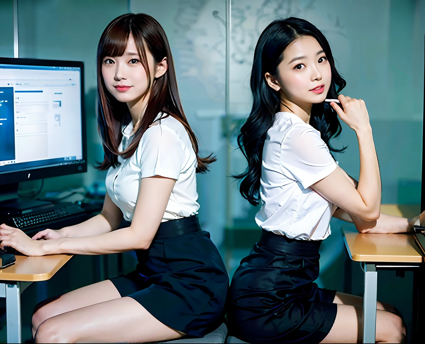 2 Japan beauties, tight skirts, office clerk, beautiful legs, live action, holding a computer, balanced body, calves with a little muscle, top quality, masterpiece, cute, beautiful shape