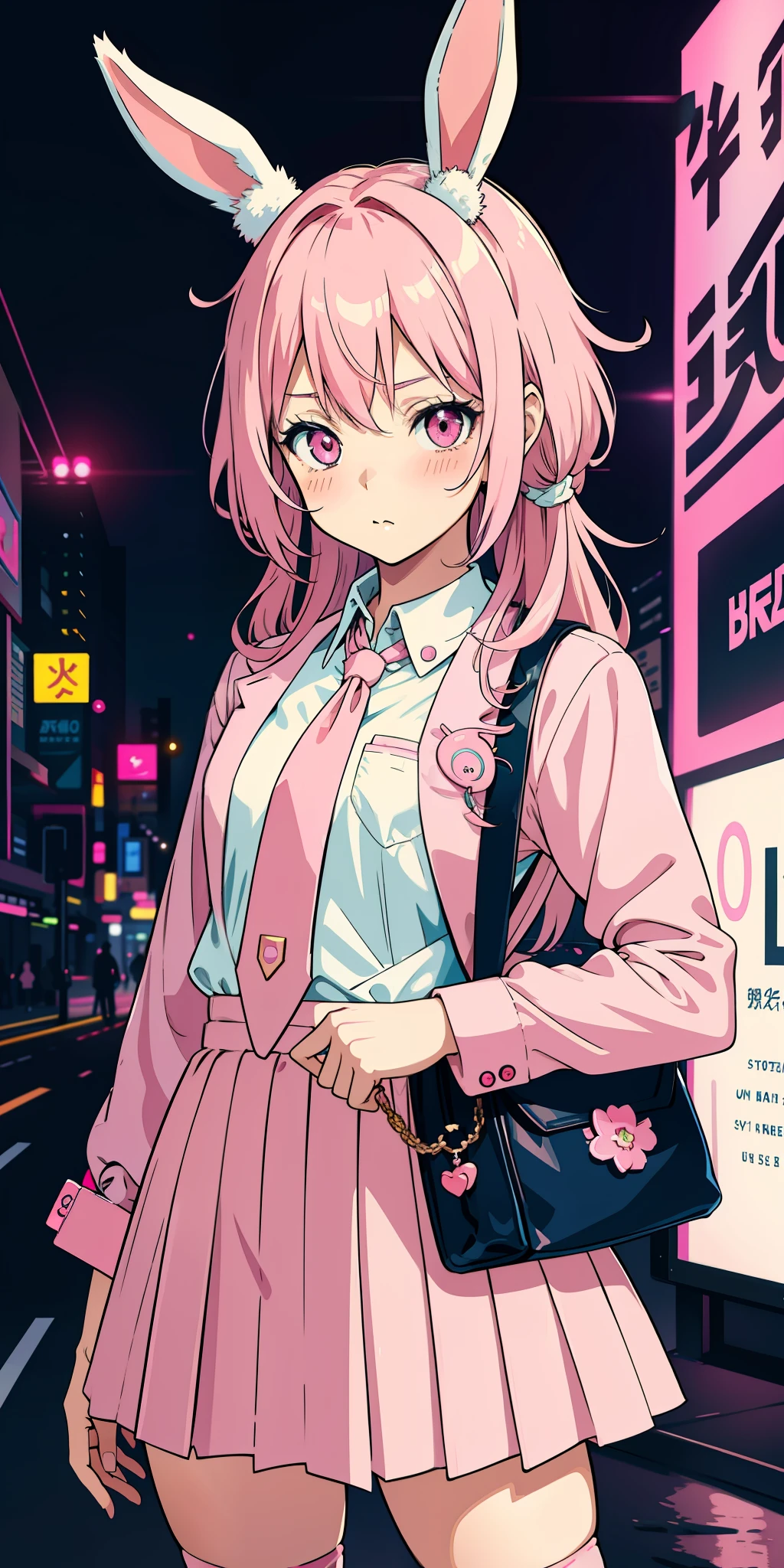 Anime girl with pink hair and bunny ears in pink tie, pink eyes, shy blush, pretty, small satchel, cyberpunk