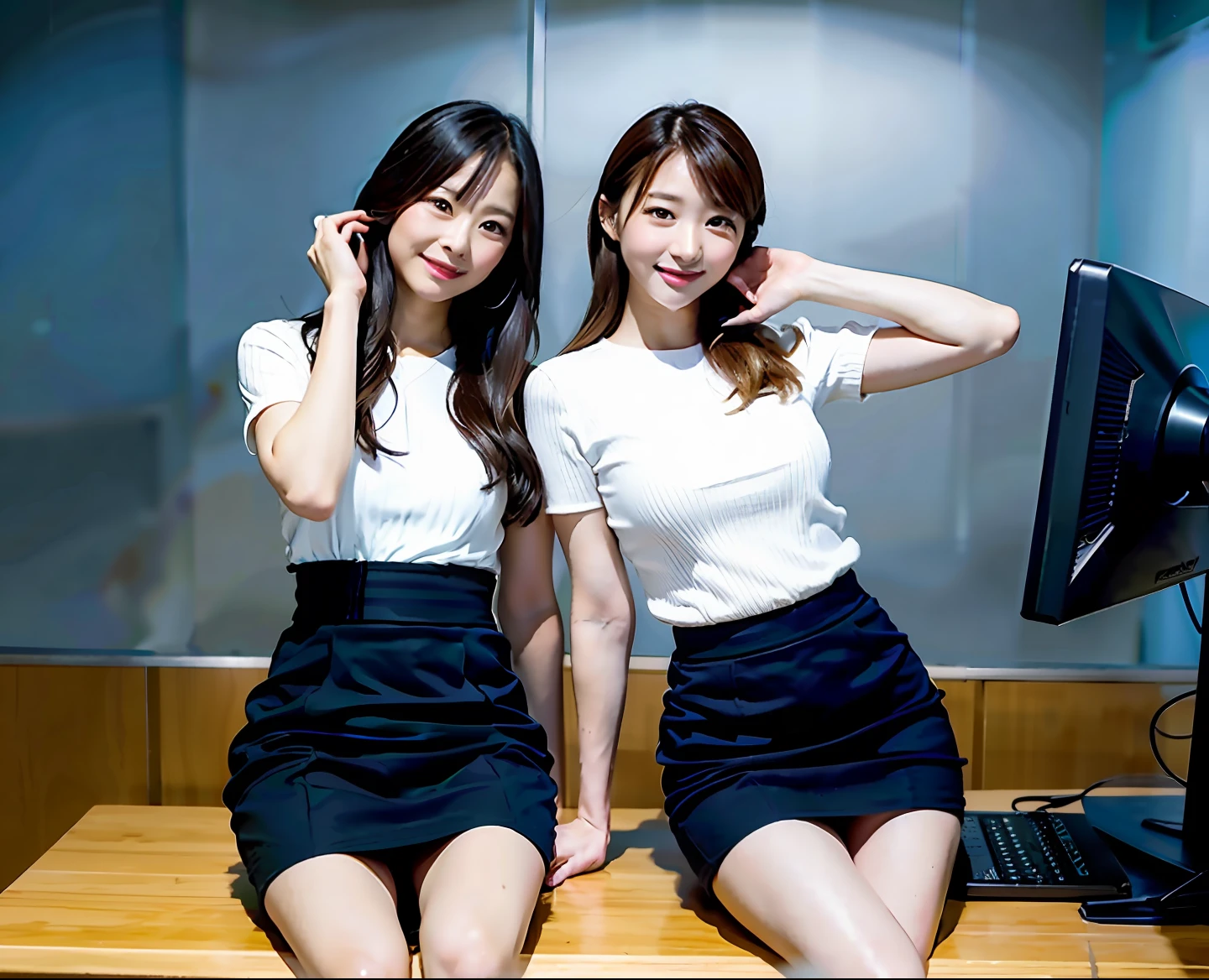 2 Japan beauties, tight skirts, office clerk, beautiful legs, live action, holding a computer, balanced body, calves with a little muscle, top quality, masterpiece, cute, beautiful shape