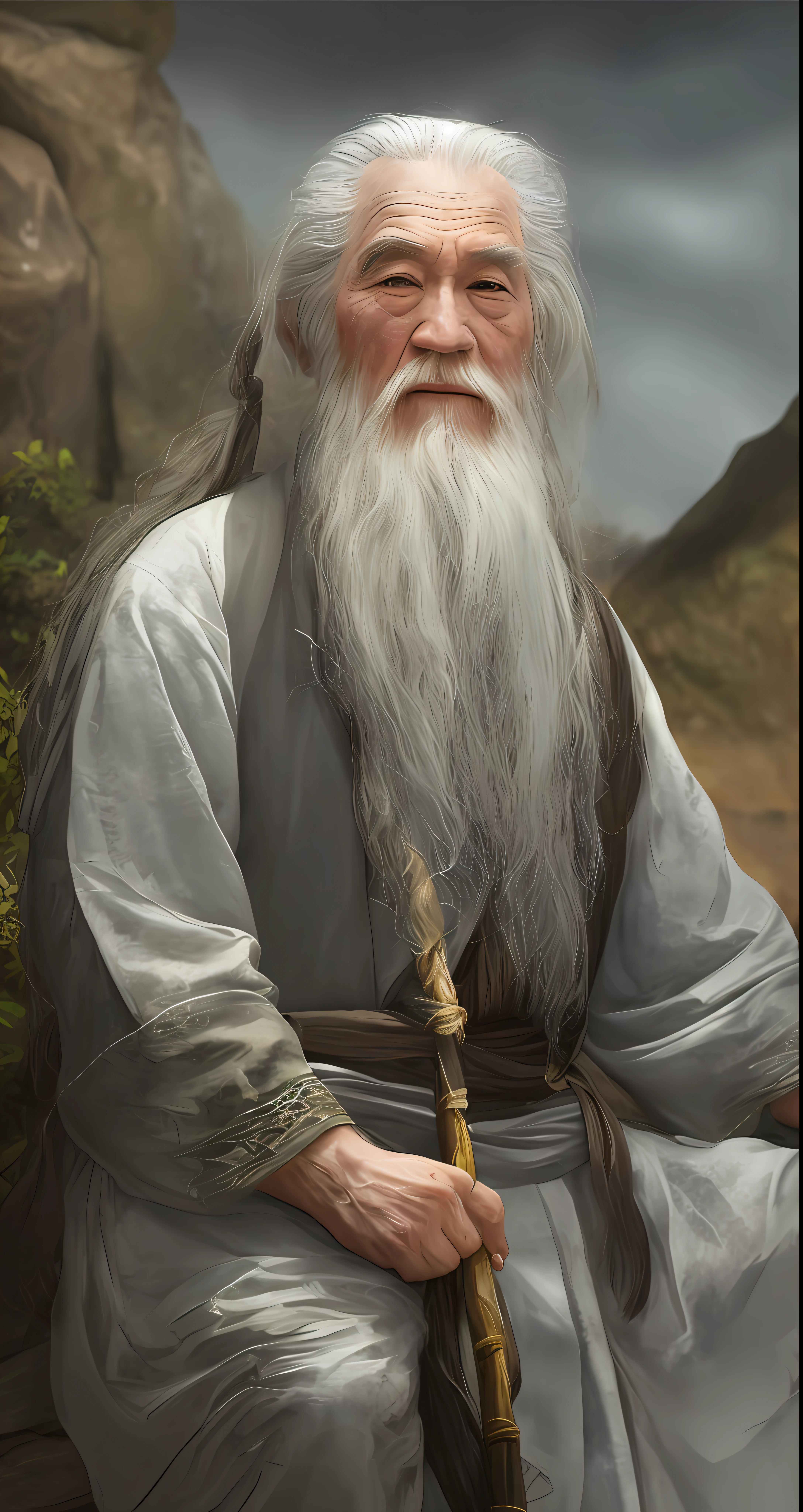 arafed man with long white beard and long white hair sitting on a rock, long white hair and white beard, taoist master, long white beard, very long white beard and hair, long grey beard, inspired by Wu Daozi, taoist priest, long white hair and beard, inspired by Hu Zaobin, white long beard, old jedi master