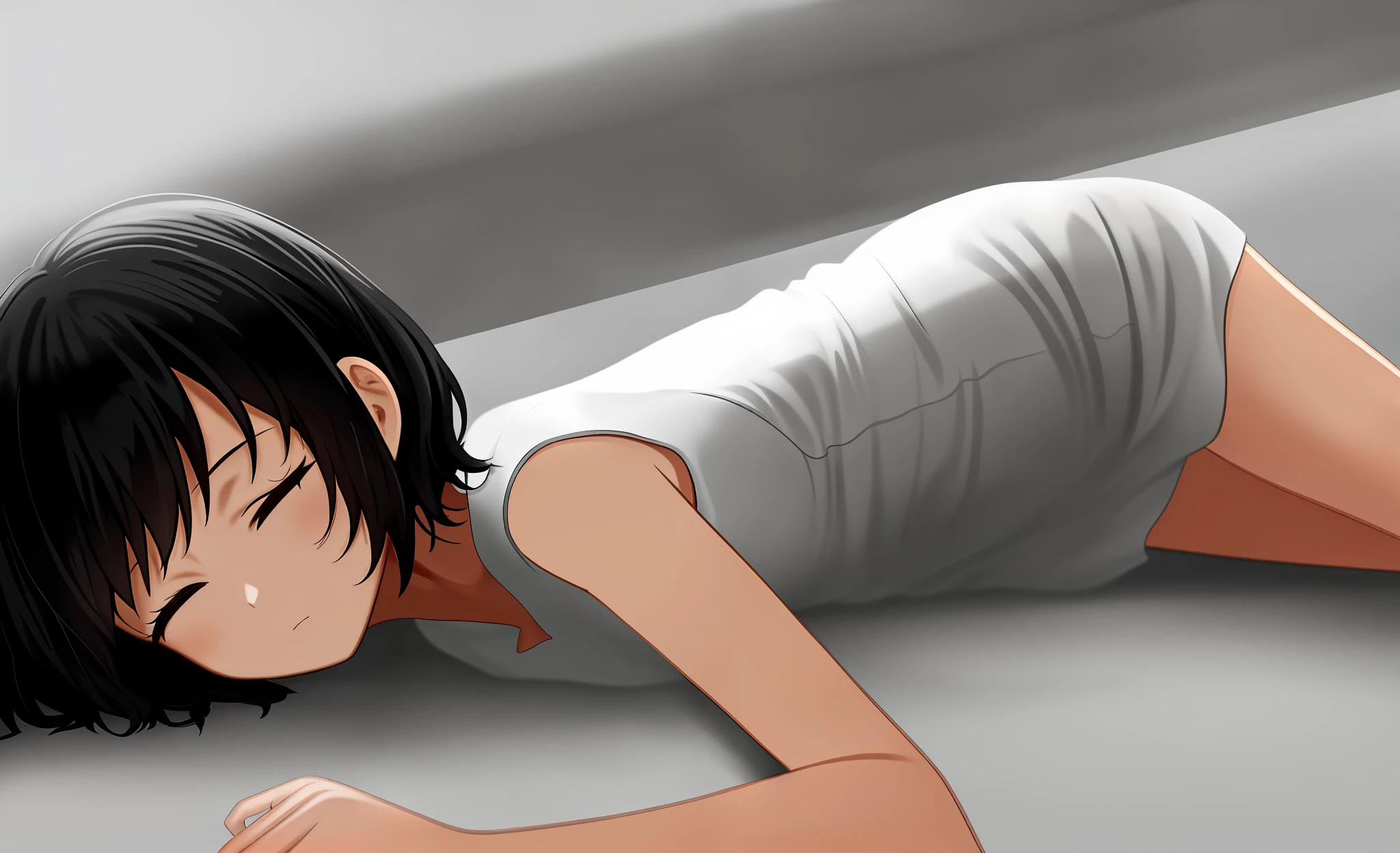 In a dark, dusty basement, a girl sleeps peacefully on the floor. She wears a simple short white dress and has short black hair. With her eyes closed, she gets lost in her dreams, adding a touch of beauty to the gloomy surroundings.