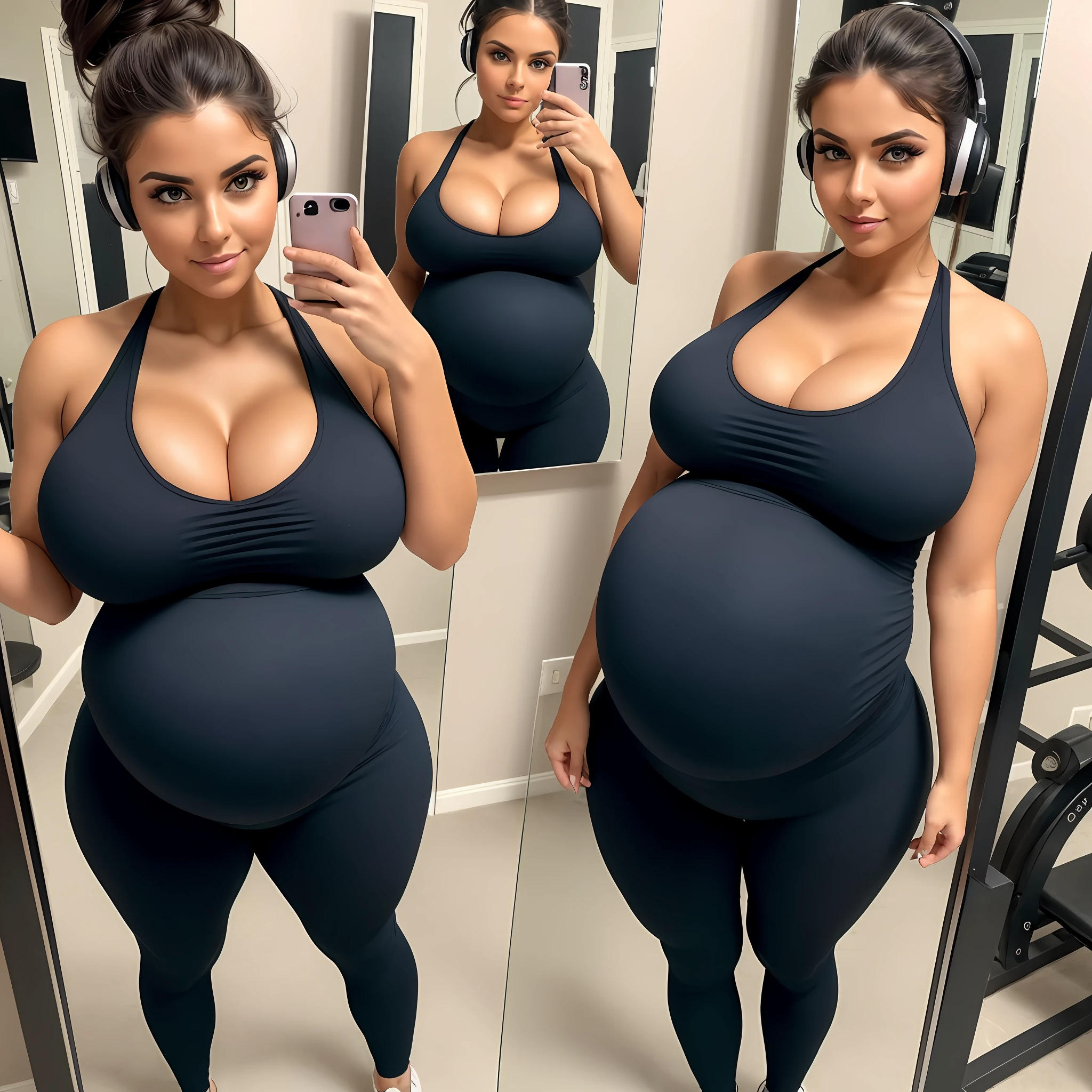 Beautiful pregnant woman admiring her enormous pregnant belly in the gym mirror, tight leggings, tiny sports bra, sneakers, headphones, hair in a messy bun, mirror wall, beautiful pregnant woman, beautiful busty woman, amazing stunningly beautiful, most beautiful woman ever, enormous natural breasts, voluptuous, deep cleavage, beautiful busty model, sexy, enormous massive huge big boobs, gorgeous face, bright big eyes, sexy makeup, wavy hair, enormous round pregnant belly, massive huge pregnant belly