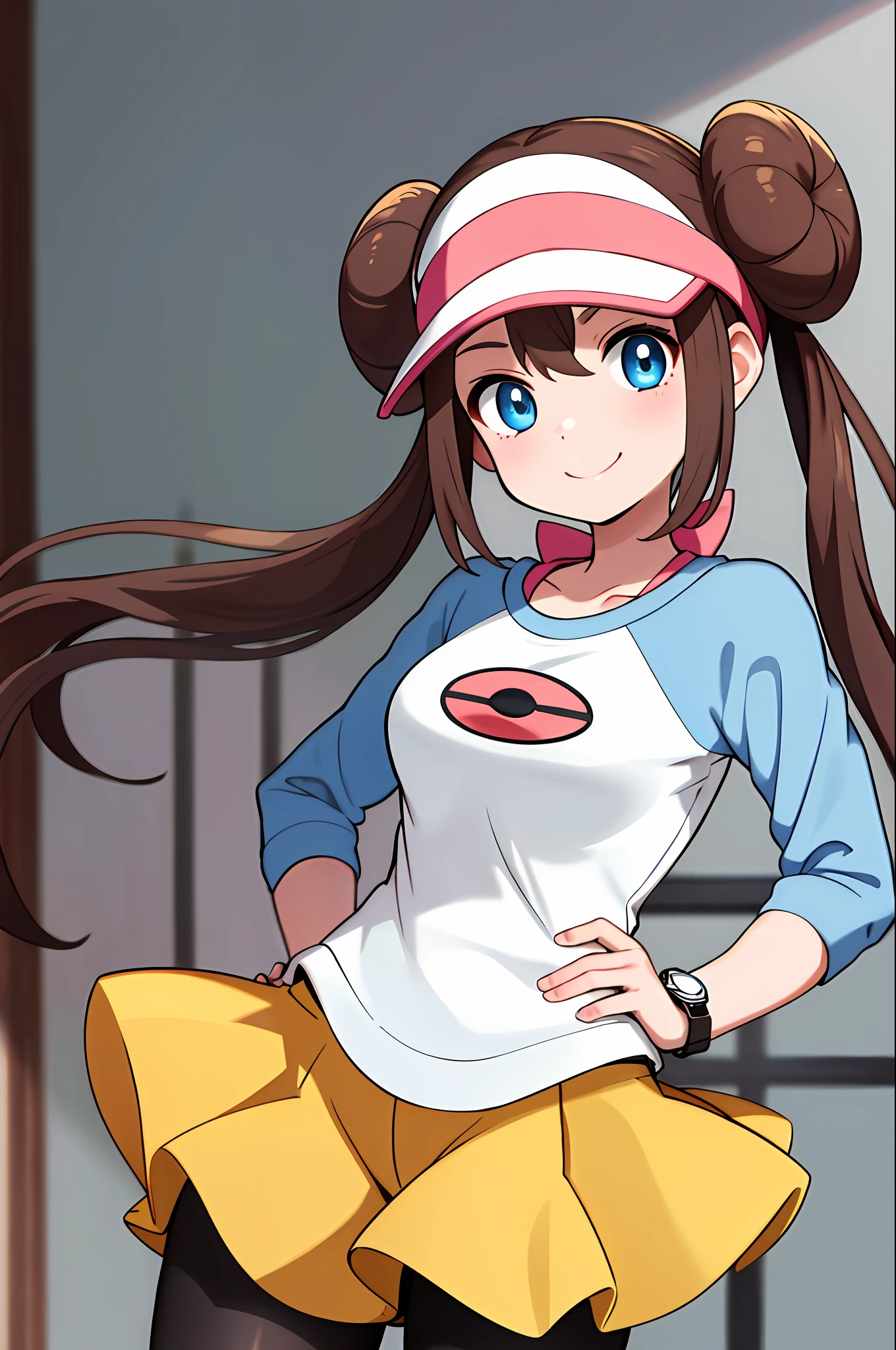 masterpiece, best quality, highres, ro1, hair bun, blue eyes, twintails, visor cap, pantyhose, raglan sleeves, yellow shorts, shirt, pink bow, wristwatch, standing, cowboy shot, field, poke ball \(basic\), smile