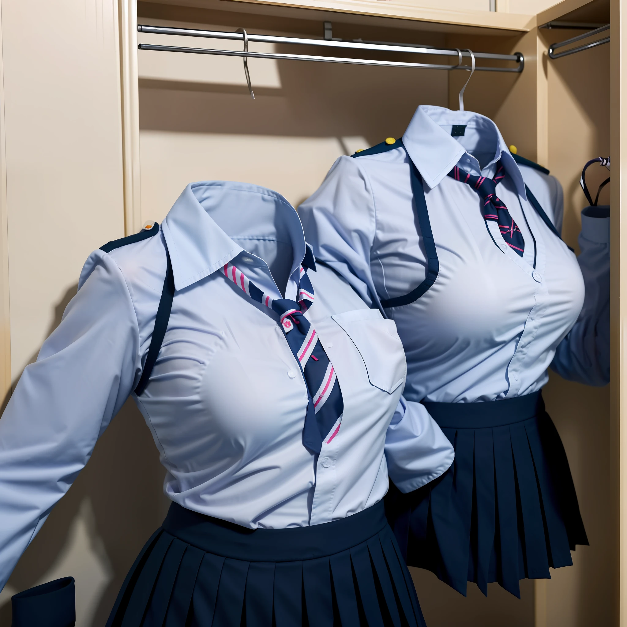school uniforms in the closet raise their sleeves as if invisible girl wear them, school uniforms swells as if possessed by invisible girls, school uniforms have huge breasts and cleavage, (((no humans))), (headless), faceless, invisible girls, jk ribbon on the neck, (yuri), from back