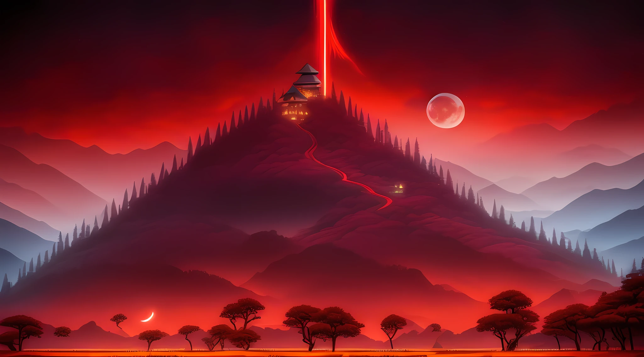 (masterpiece, best quality:1.4), cinematic light, colorful, high contrast, mountain, grass, tree, night, (horror (theme):1.2), (mon(masterpiece, best quality:1.4), (captivating digital art), cinematic lighting, colorful, high contrast, eerie mountain landscape, lush grass, twisted trees, night scene, (horror theme:1.2), (menacing monster:1.2) lurking in shadows, dark atmosphere, blood rain pouring down, blood-red river flowing, haunting blood moon in the sky, chilling and intense visual experiencester:1.2), dark, blood rain, blood river, blood moon