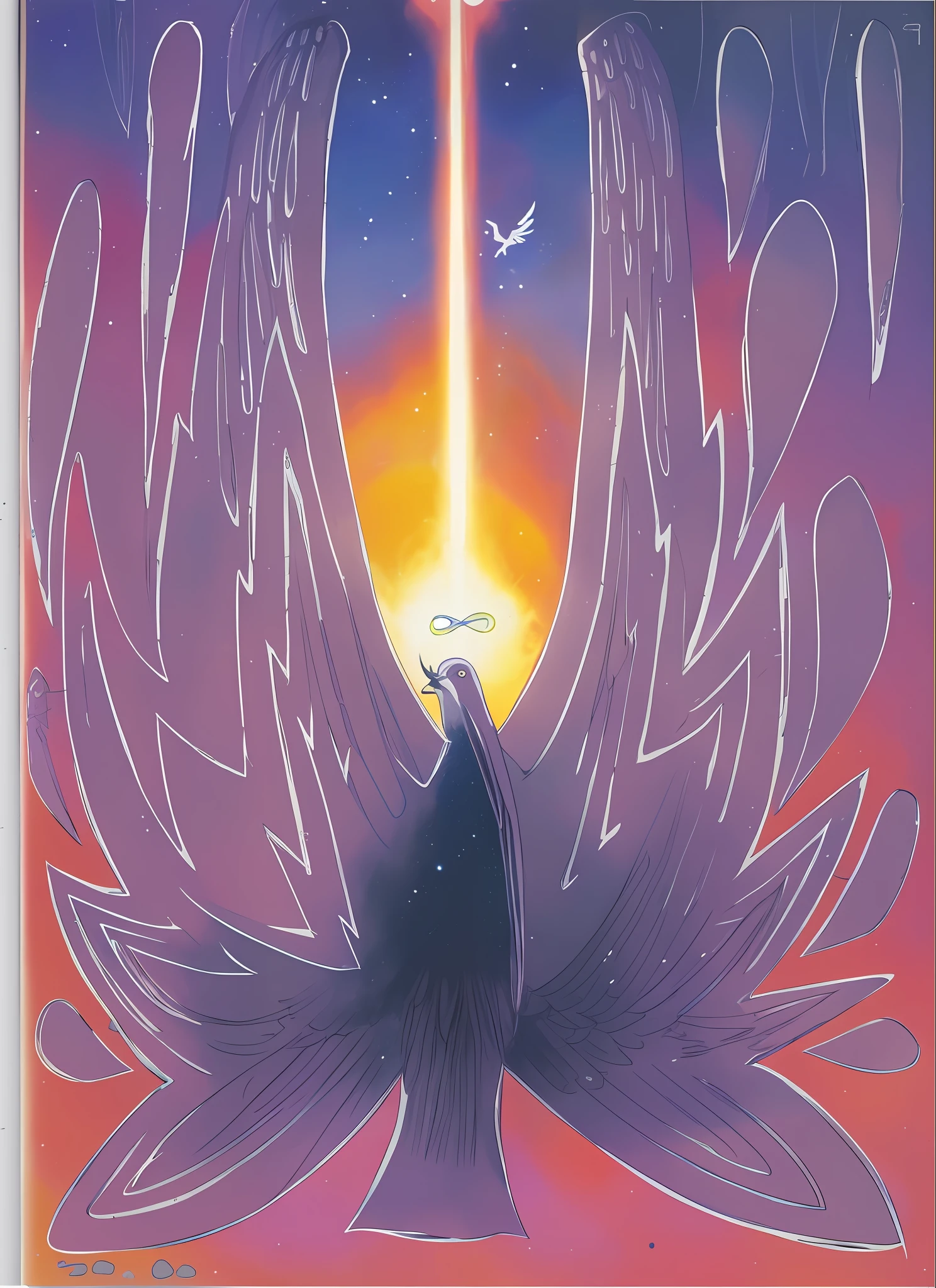drawing of a bird with wings spread out and a halo above it, artwork of a phoenix, by Hiromu Arakawa, ink outlines, inside page of comic book, outlined!!!, rafael albuquerque comic art, cosmic horror entity with wings, ink outline, style of frank miller, inspired by charles vess, outline sketch, marvel comic book drawing, fullbody view