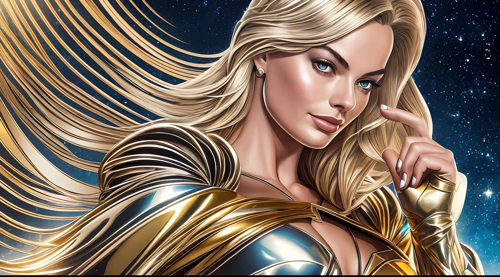 Margot Robbie beautifully in a silver and gold costume with a Superman symbol on her chest, Power Girl, Supergirl, Chris Moore. artgerm, beautiful comic art, extremely detailed artgerm, female superhero proportions, superhero body, high detail comic book art, artgerm julie bell beeple, dc comics art style, perfect anatomy, hands with 4 fingers and 1 thumb, rendered in 8K resolution for high quality detail, 8K image quality, 8K high resolution image,  hyper detailed, super realistic, intricate details  
Negative prompts --auto --s2