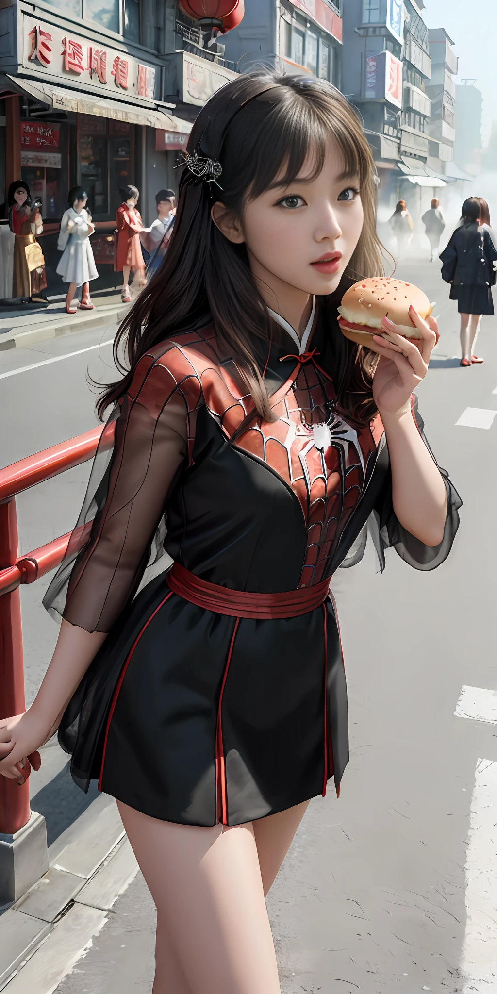 (1girl:1.3), solo, ((very detailed face)))), ((very detailed eyes and face))), beautiful detail eyes, body parts__, official art, unified 8k wallpaper, super detailed, beautiful and beautiful, beautiful, masterpiece, best quality, original, masterpiece, super fine photo, best quality, super high resolution, realistic chinese house, sunlight, full body portrait, amazing beauty, dynamic pose, delicate face, vibrant eyes, (from the front), She is wearing Spider-Man suit, red and black color scheme, spider, very detailed Chinese 60s architecture city street hamburger shop background, standing on the road eating hamburgers, standing on the main road eating hamburgers in the mouth, detailed face, detailed complex busy background, messy, gorgeous, milky white, highly detailed skin, realistic skin details, visible pores, clear focus, volumetric fog, 8k uhd, DSLR, high quality, film grain, fair skin, photo realism, Lomography, a city in the 60s of China, translucent