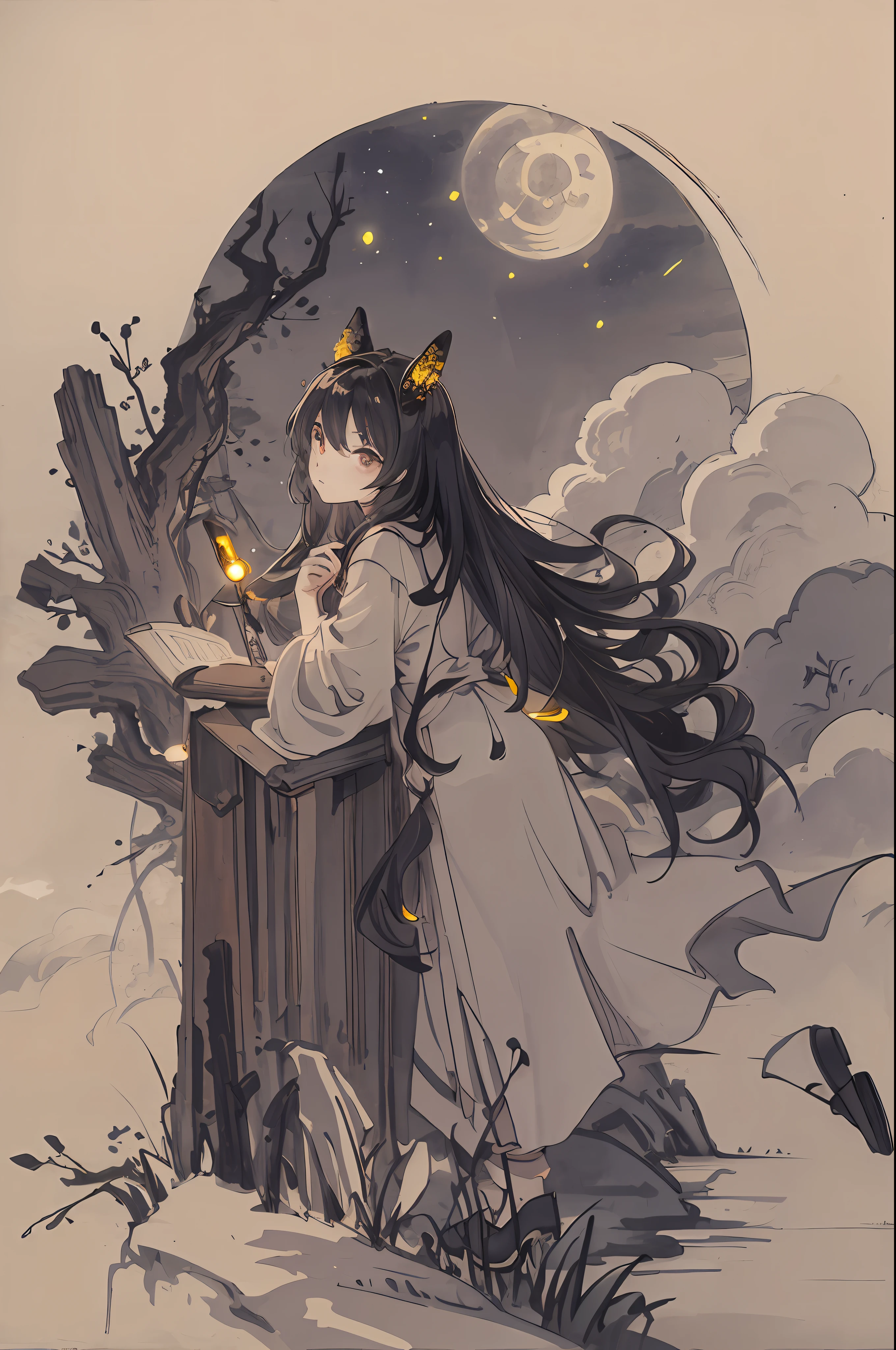 masterpiece, best quality, night, hill, clouds, full moon, long hair, woman, silhouette, fireflies.