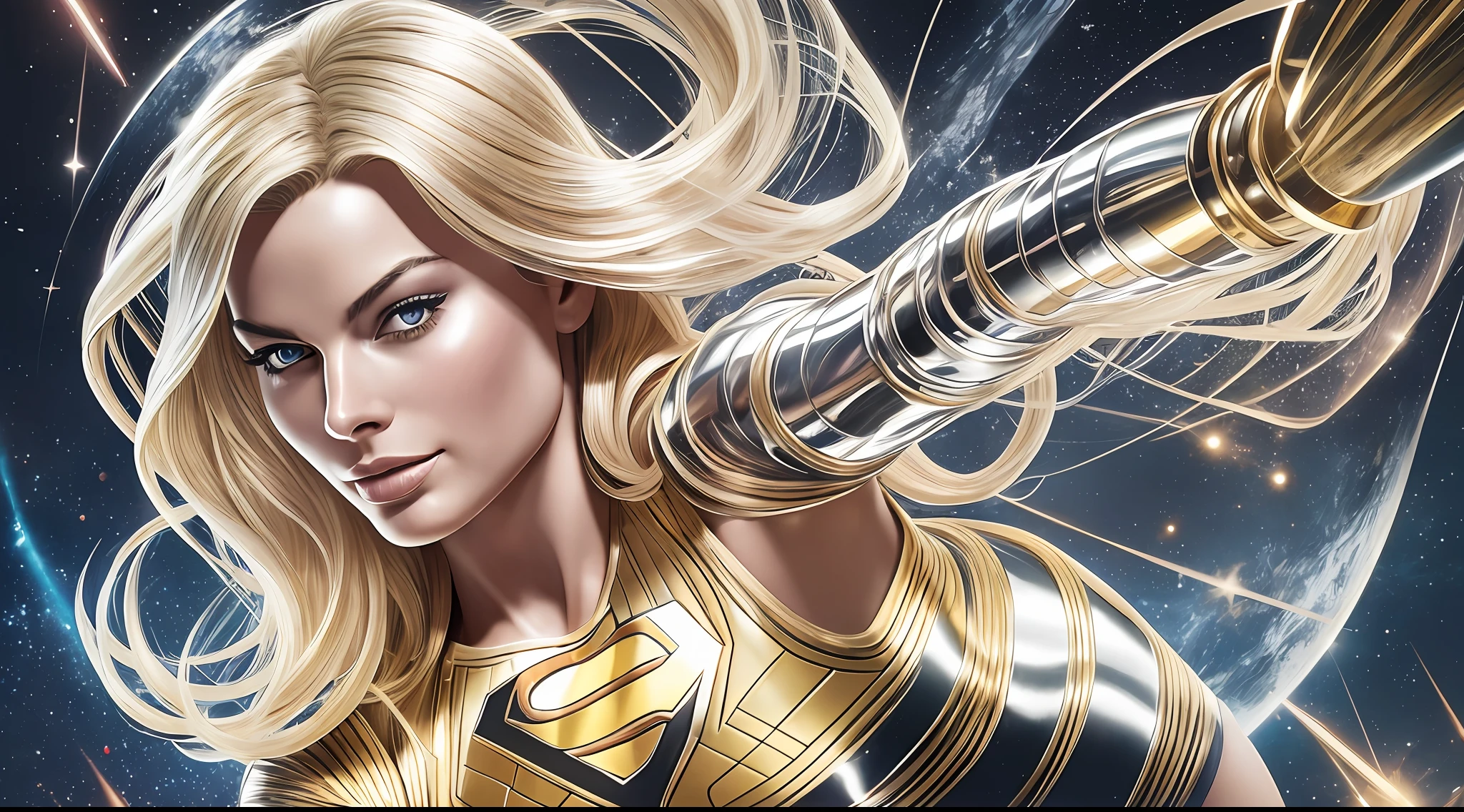 Margot Robbie beautifully in a silver and gold costume with a Superman symbol on her chest, Power Girl, Supergirl, Chris Moore. artgerm, beautiful comic art, extremely detailed artgerm, female superhero proportions, superhero body, high detail comic book art, artgerm julie bell beeple, dc comics art style, perfect anatomy, hands with 4 fingers and 1 thumb, rendered in 8K resolution for high quality detail, 8K image quality, 8K high resolution image,  hyper detailed, super realistic, intricate details  
Negative prompts --auto --s2