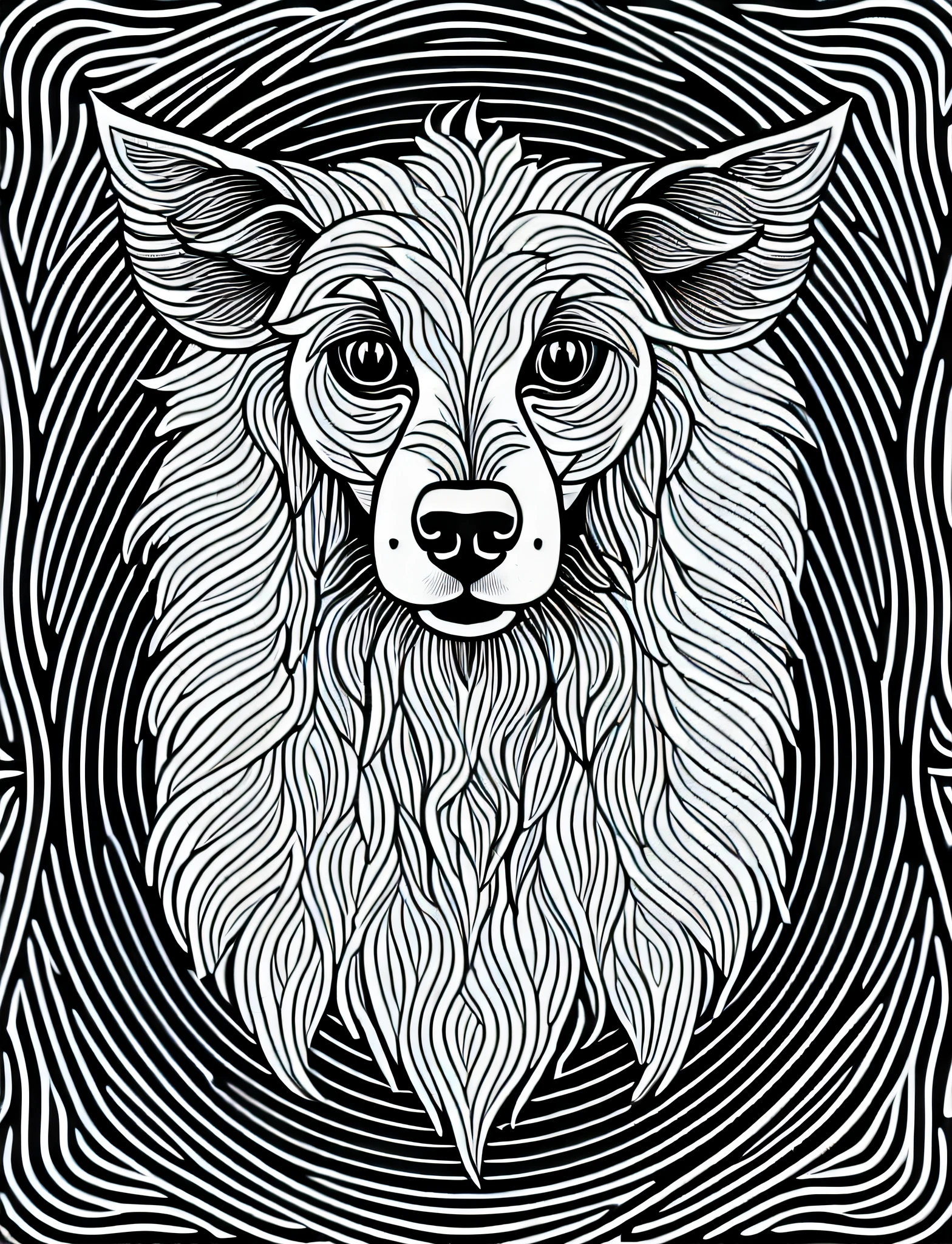 a Chinese Crested Dog style dog, fantasy, magical, mandala, unusual, black and white, wavy lines, realistic line art drawing, coloring book page, no noise, sharp thick lines, contour art, centered image, isolated on a white background