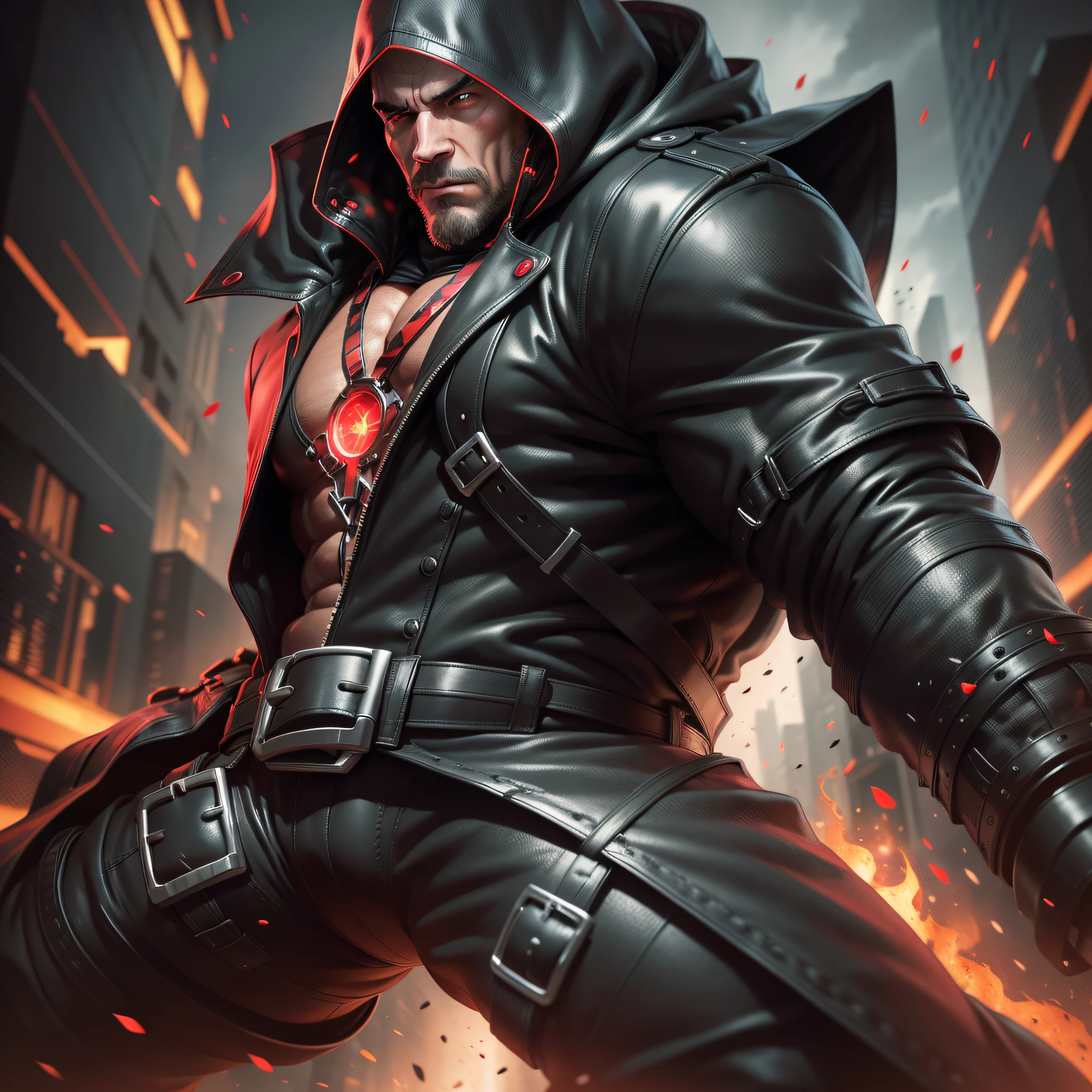 A strong man, muscular, he wears a black trench coat, a black hood, blood red particle light effects surround him, behind him are countless intertwined lines as a background, super high resolution, super detail, super high finish, 4k anime cover, night core, key visuals, best anime, 4k, wallpaper, detailed key, anime art