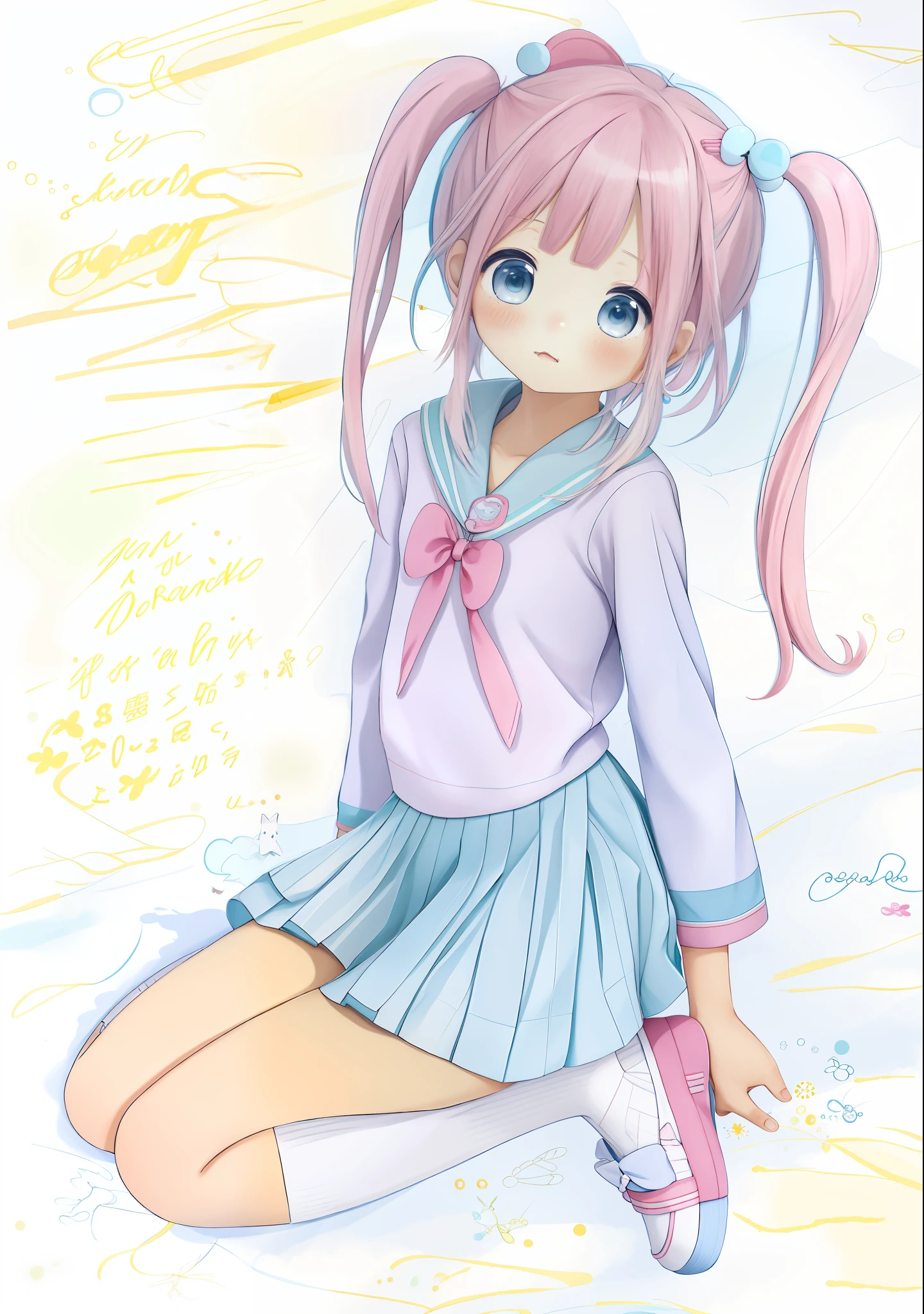 drawing of a girl in a sailor suit sitting on the ground, an anime girl, pink twintail hair and cyan eyes, anime girl, aya takano color style, young anime girl, anime sketch, an anime drawing, ecchi anime style, (anime girl), soft anime illustration, cute anime girl, inspired by Yuki Ogura, pretty anime girl --auto --s2