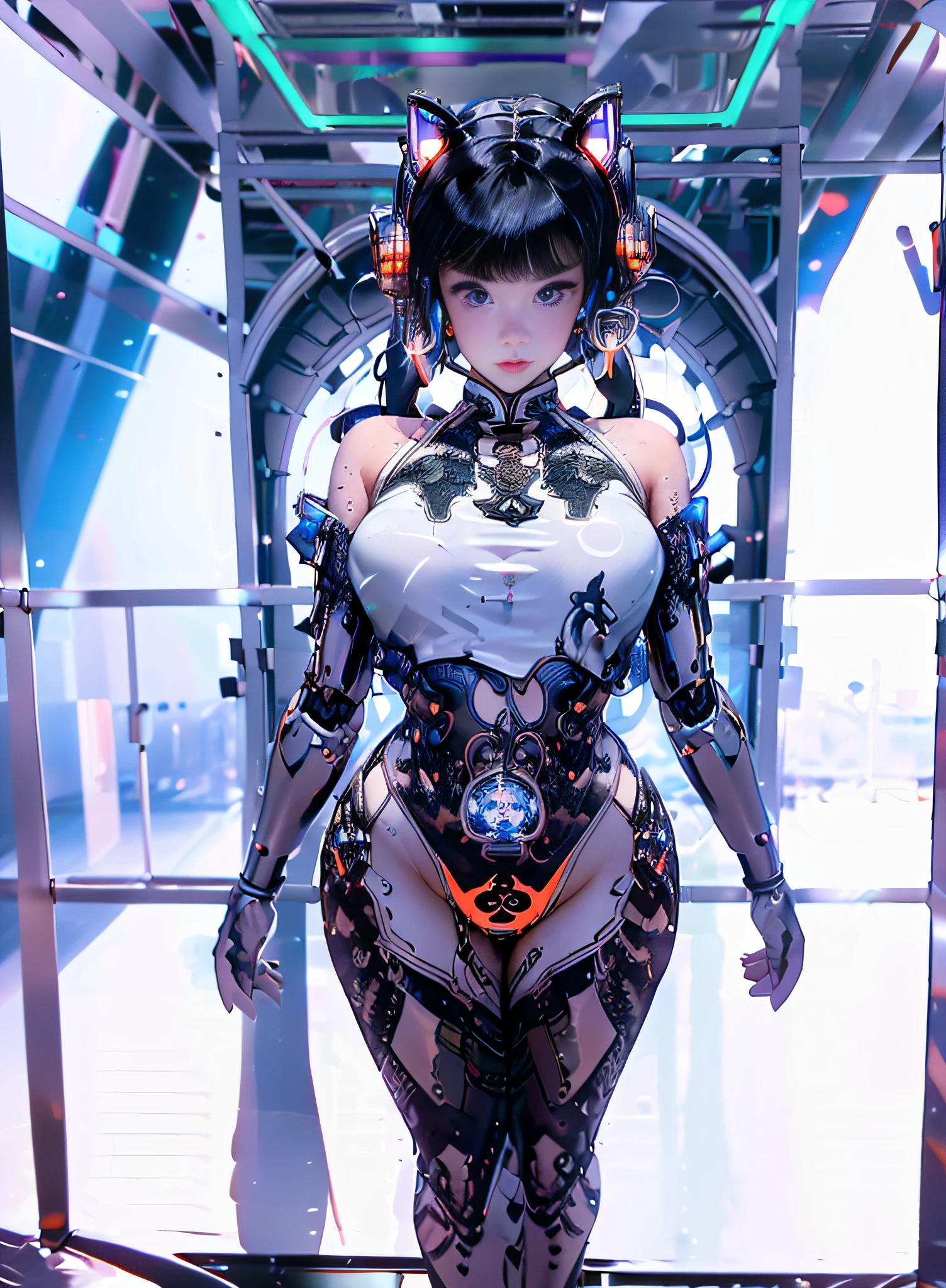 1girl, long hair, black hair, blue eyes, smirk smile, cyberhanfu, cyber bikini, cyberwall, cyber city, inside a dance party, spotlights, DJ, mechanical parts, cat ear, wolf tail, porcelain skin, tan skin, orange clad, orange armor, orange body suit, white gloves, white headset, wolf tail, crouching, ((open legs)), (((open navel))), revealing breast, (((huge breast))), ((cleavage)) , (masterpiece:1.5), (intricate detail:1.5), (cinematic:1.5), inside a machinery contraption, glass vials, messy room, cables, wires, machinery walls, giant magnet, standing in laboratory, back view, (extreme wide view:1.5)