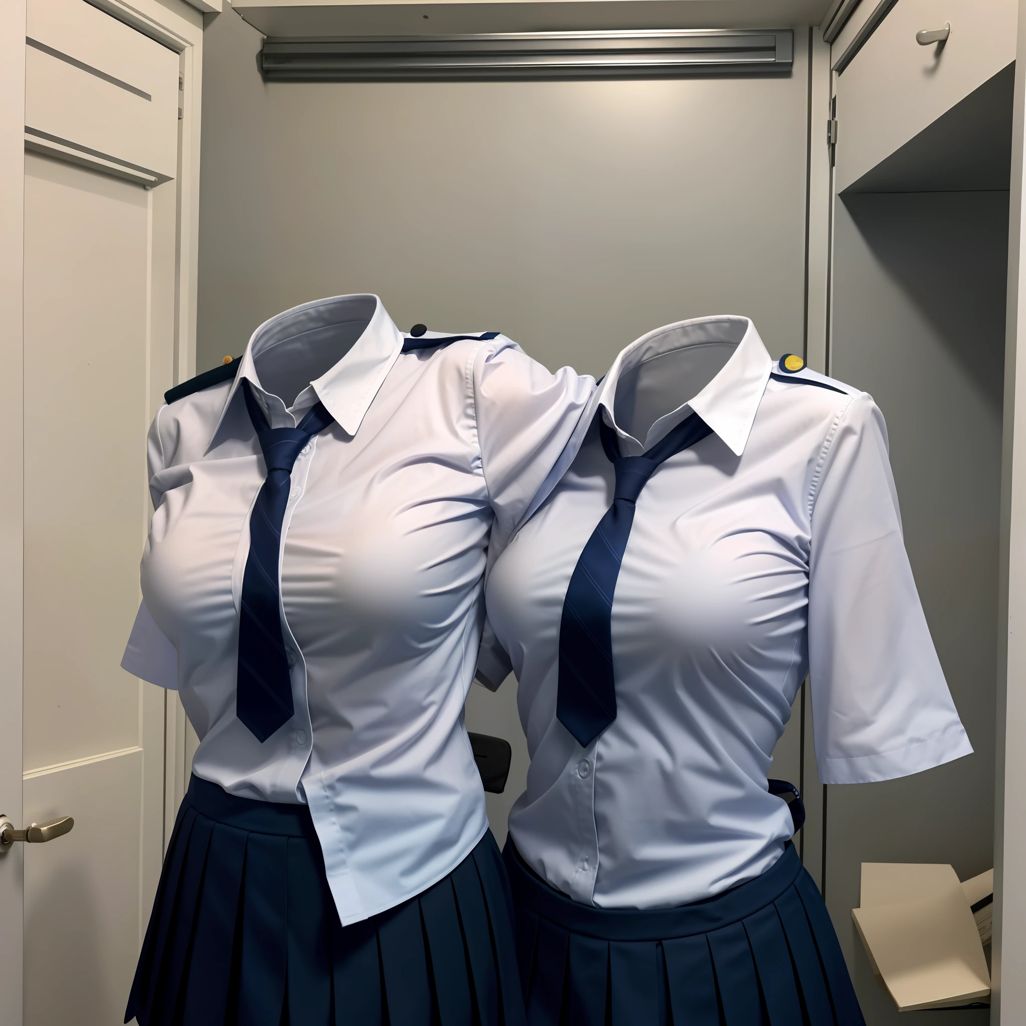 school uniforms in the closet raise their sleeves as if invisible girl wear them, school uniforms swells as if possessed by invisible girls, school uniforms have huge breasts and cleavage, (((no humans))), (headless), faceless, invisible girls, jk ribbon on the neck, (yuri), from back