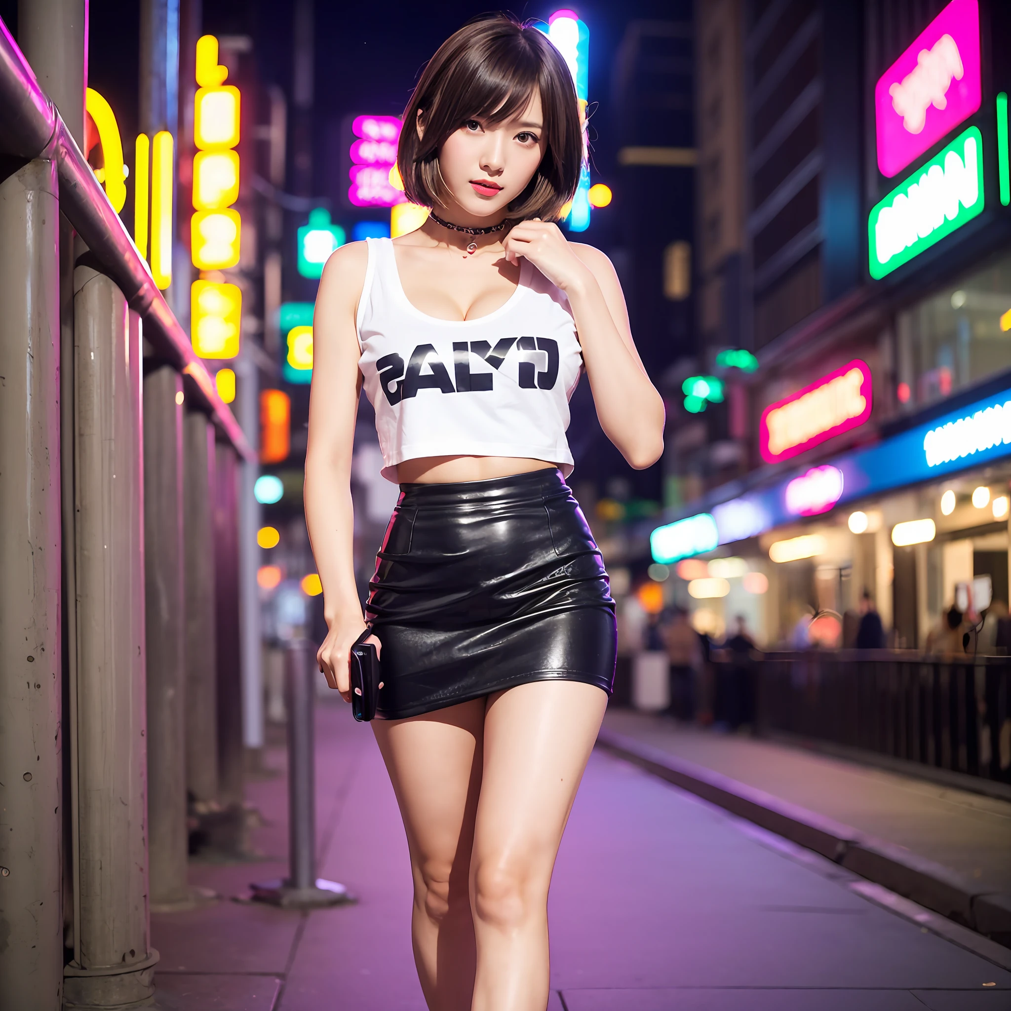 1girl, Solo, Best quality, Cute Japan female pictures, 18 years old, Japan women, Gal, Idol, (Gal style makeup),(Heavy makeup) Short haircut, ((black and blonde hair)),slender, big bust, (tanned skin), cool gaze, cleavage,colorful t-shirt,mini skirt, bustling city at night, brown eyes, strong-minded, casual expression, trendy accessories, camera facing, urban background, neon lights, vivacious personality, full body shot, relaxed posture, standing outdoors, nightlife scene, energetic.