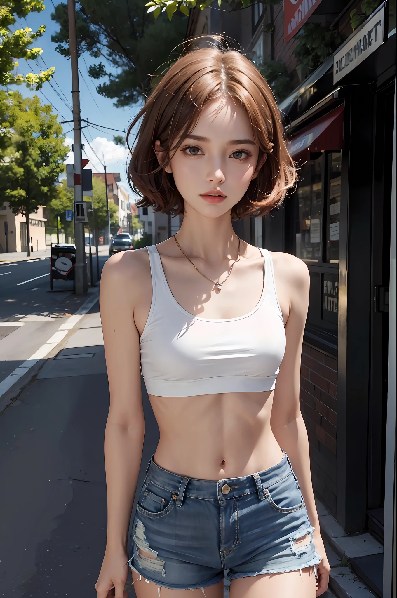 ((medium breast, tomboy girls, small head)), daylight, sunlight, (chiseled abs : 1.1), (perfect body : 1.1), (short wavy hair : 1.2) , auburn hair, collar, chain, full body shot, crowded street, wearing black tanktop, jeans jacket, ((shorts)), (extremely detailed CG 8k wallpaper), (an extremely delicate and beautiful), (masterpiece), (best quality:1.0), (ultra highres:1.0),  beautiful lighting ,perfect lightning, realistic shadows, [highres], detailed skin, ultra-detailed