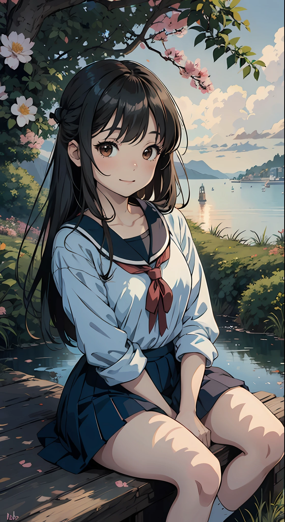 16 years old, anime girl sitting under a tree looking at the water, (boat in the distance), (dog), (flower bed), anime vision of cute girl, portrait of cute anime girl, cute detailed digital art, anime style portrait, beautiful anime portrait, digital anime illustration, cute anime girl, detailed portrait of anime girl, anime style illustration, kawaii realistic portrait, cute anime girl portrait, detailed fan art, young anime girl, detailed digital anime art, black hair, hair bow, smile, Horizontally shot, similar to the color of Ghibli, UHD