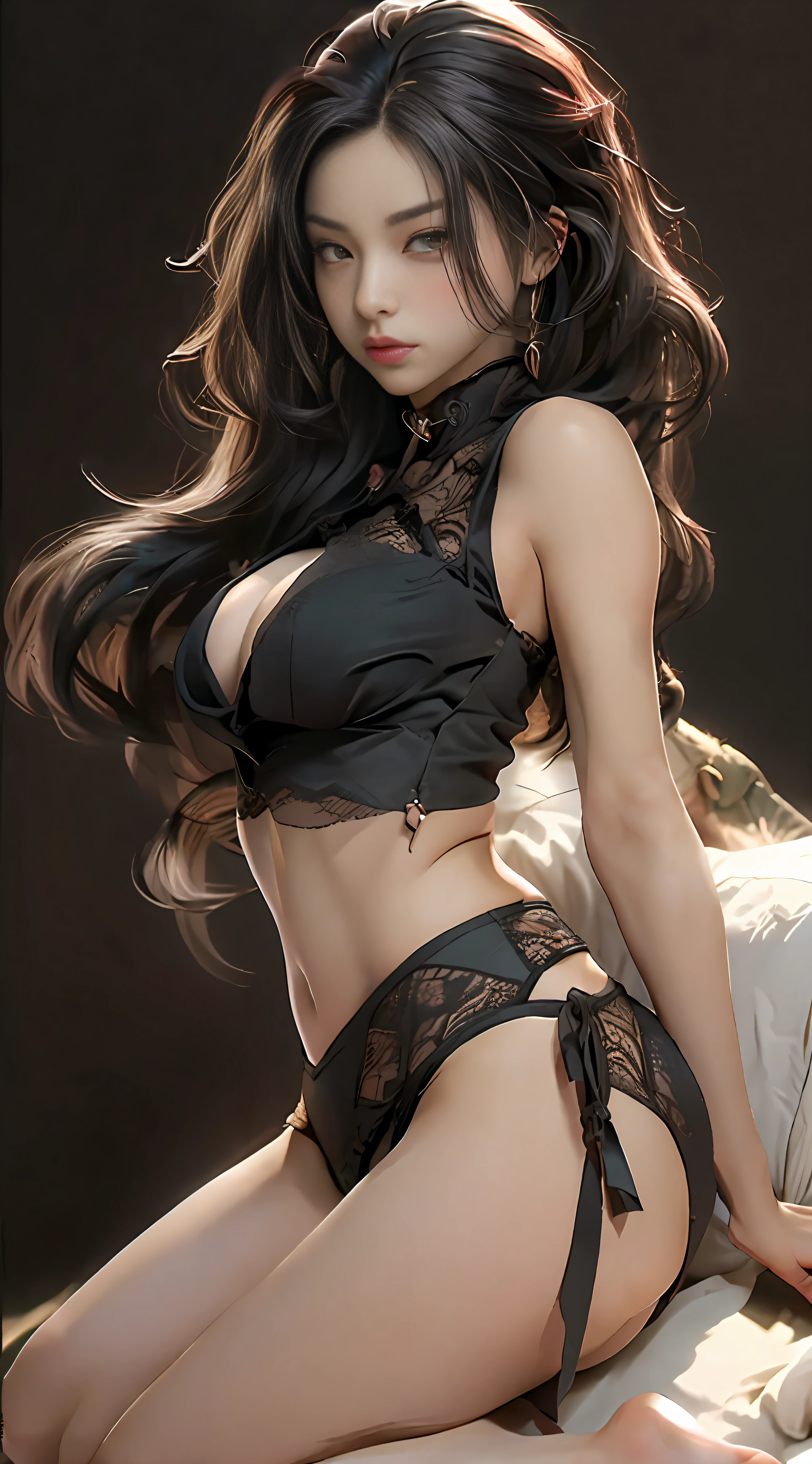 ((Top quality, 8k, Masterpiece: 1.3)), beauty, hidden face, 1 girl, beauty: 1.3, slender abs: 1.1, camisole vest, long black hair, (sitting on bed), ultra-detailed face, highly detailed lips, detailed eyes, double eyelids, white lace, openwork clothes, backless clothes, transparent lingerie, coquettish, big breasts, big breasts, big breasts, big breasts, double breasts, fat buttocks, buttocks, tall figure, sexy stunner? Succubus, succubus, spread her legs, young woman, woman, wife, stroking body, two women, two young women, thighs, big breasts, thick legs, dark complexion, pouting, bare ass, lying on the stomach, wearing a collar around the neck, mouth plugging, bronzed skin, dark skin, wife and milf, sullen, hungry woman, fat ass, ass, open legs, lewd look, sexy thong, masturbation, self-comfort,