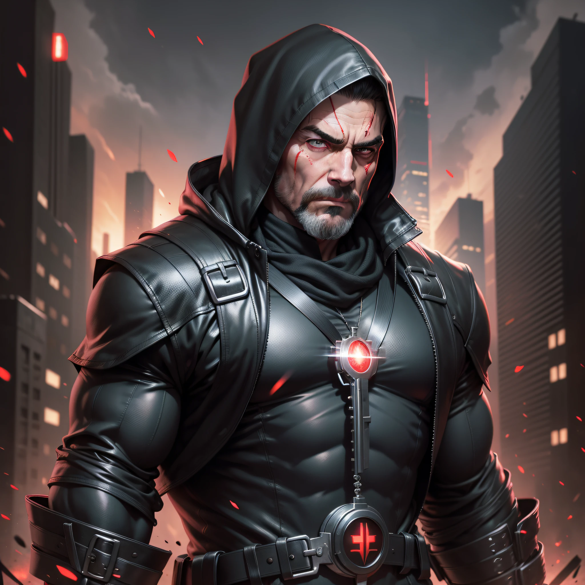 A strong man, muscular, he wears a black trench coat, a black hood, blood red particle light effects surround him, behind him are countless intertwined lines as a background, super high resolution, super detail, super high finish, 4k anime cover, night core, key visuals, best anime, 4k, wallpaper, detailed key, anime art