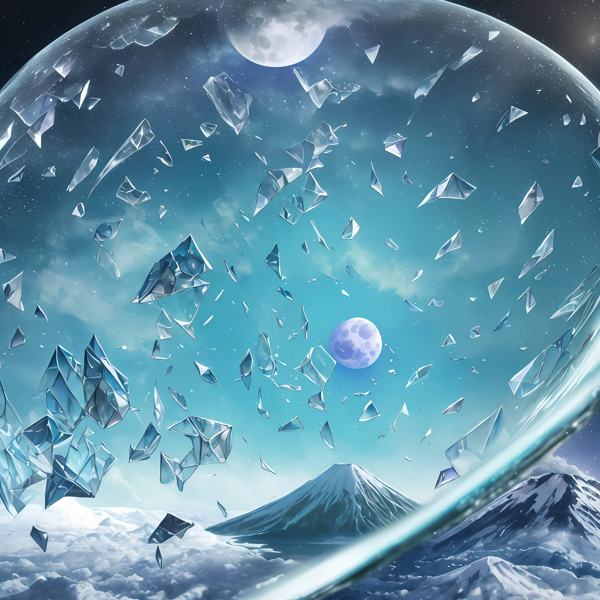 Three-dimensional computer graphics, Watercolor drawing, "Majestic mountains," "Hyper-realistic textures," Banksy, Yoshitaka Amano realistic fantasy, Extensive landscape ultrasound photography (general view showing a glass, sea, sky, full moon, volcano, glass shards, reflection of a starry sky), blurred background, cold, turquoise shade, a little purple, airy