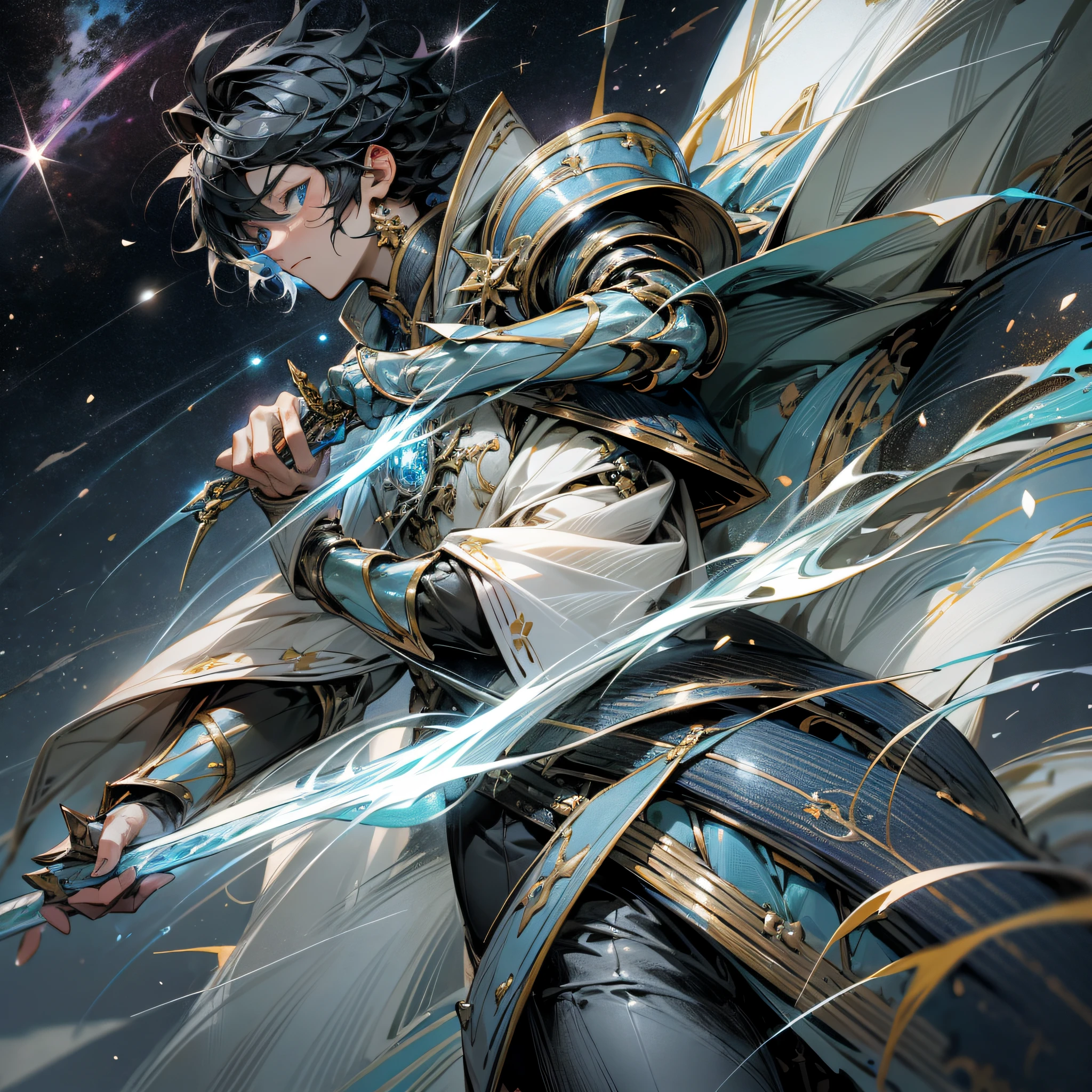 a young men with a sword with a light blue aura, he wears flashy armor, he has exquisite blue eyes, behind is the night also with twinkling stars, anime art wallpaper 4 k, space clouds, anime sky, Magical transparent eyes, The perfect masterpiece, colorful illustration, anime boy, black hair, black hair, short hair, cinematic lighting, anime style, UHD, chinese anime art boy face, small head, cool --auto --s2